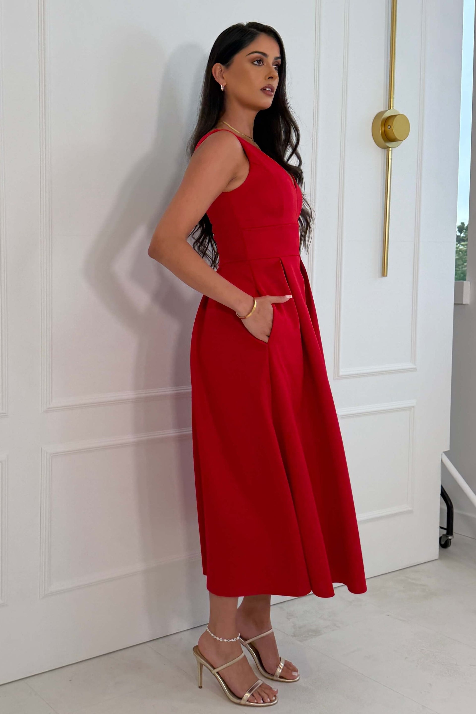 Tiffany V Neck Skater Scuba Midi Dress Red