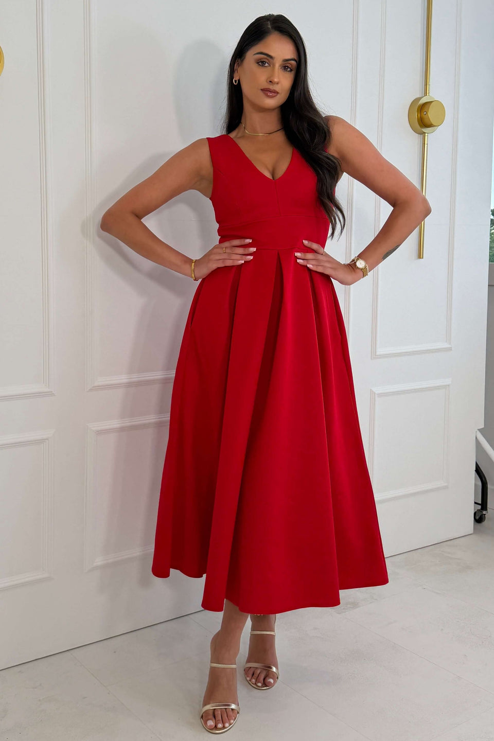 Tiffany V Neck Skater Scuba Midi Dress Red