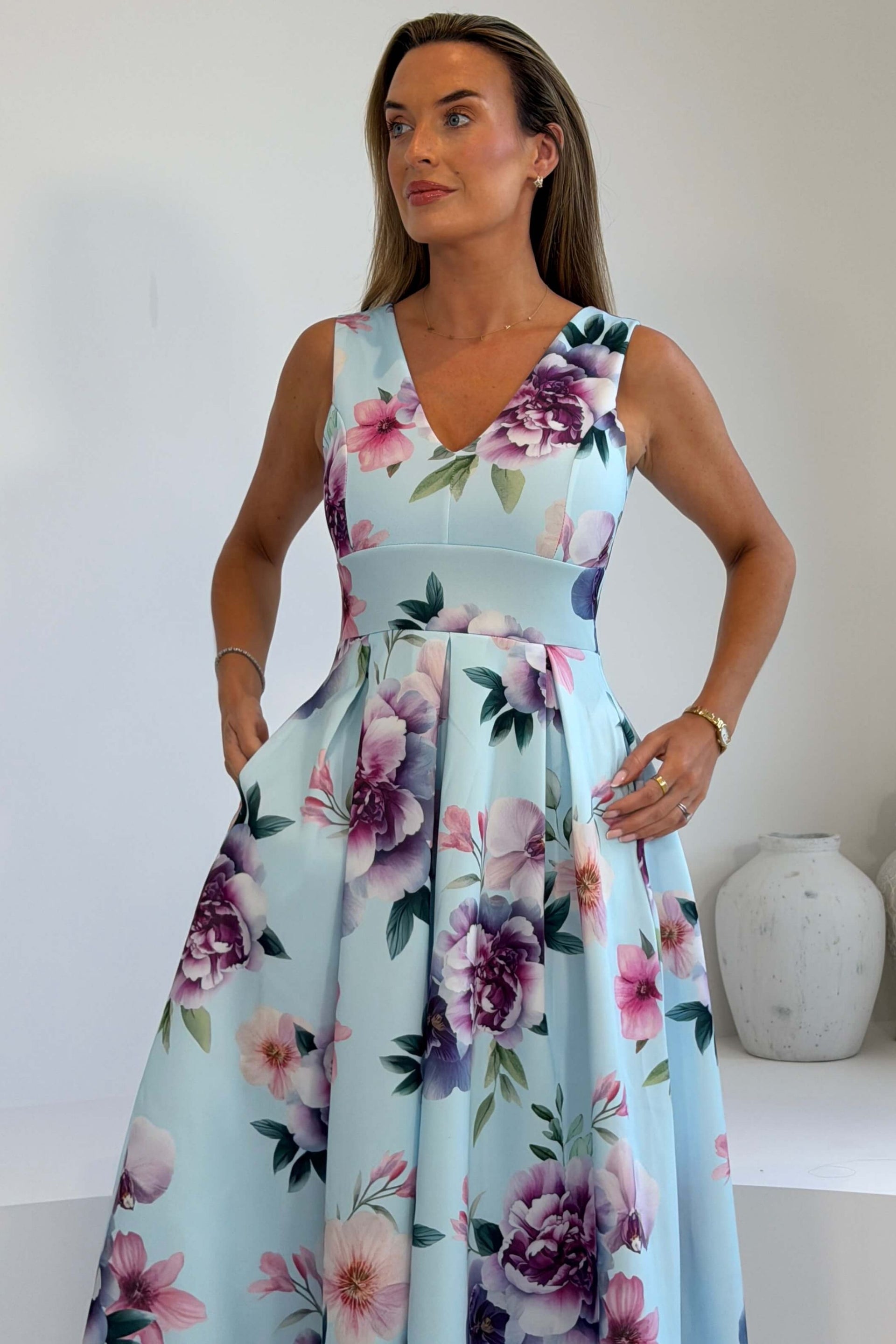 Tiffany V Neck Skater Scuba Midi Dress Sky Print