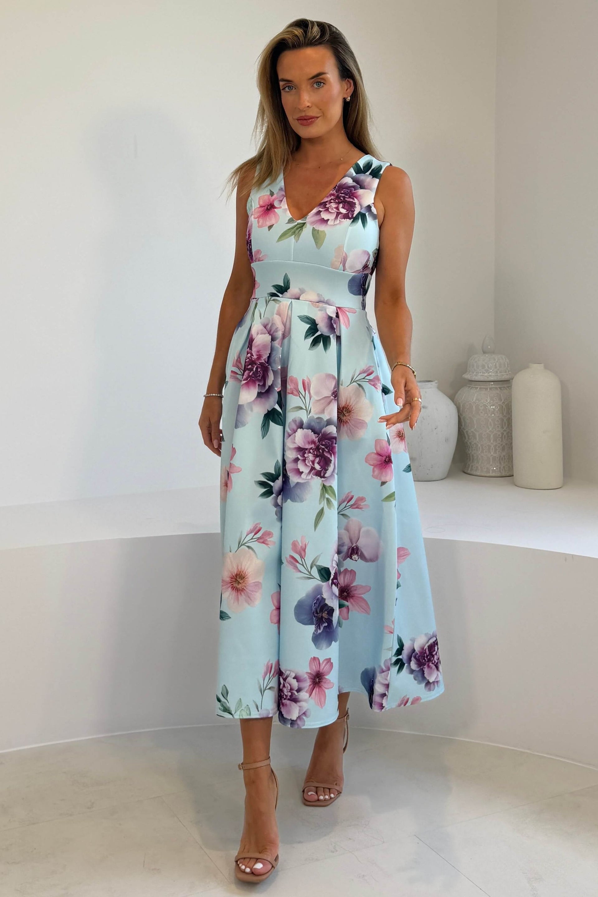 Tiffany V Neck Skater Scuba Midi Dress Sky Print