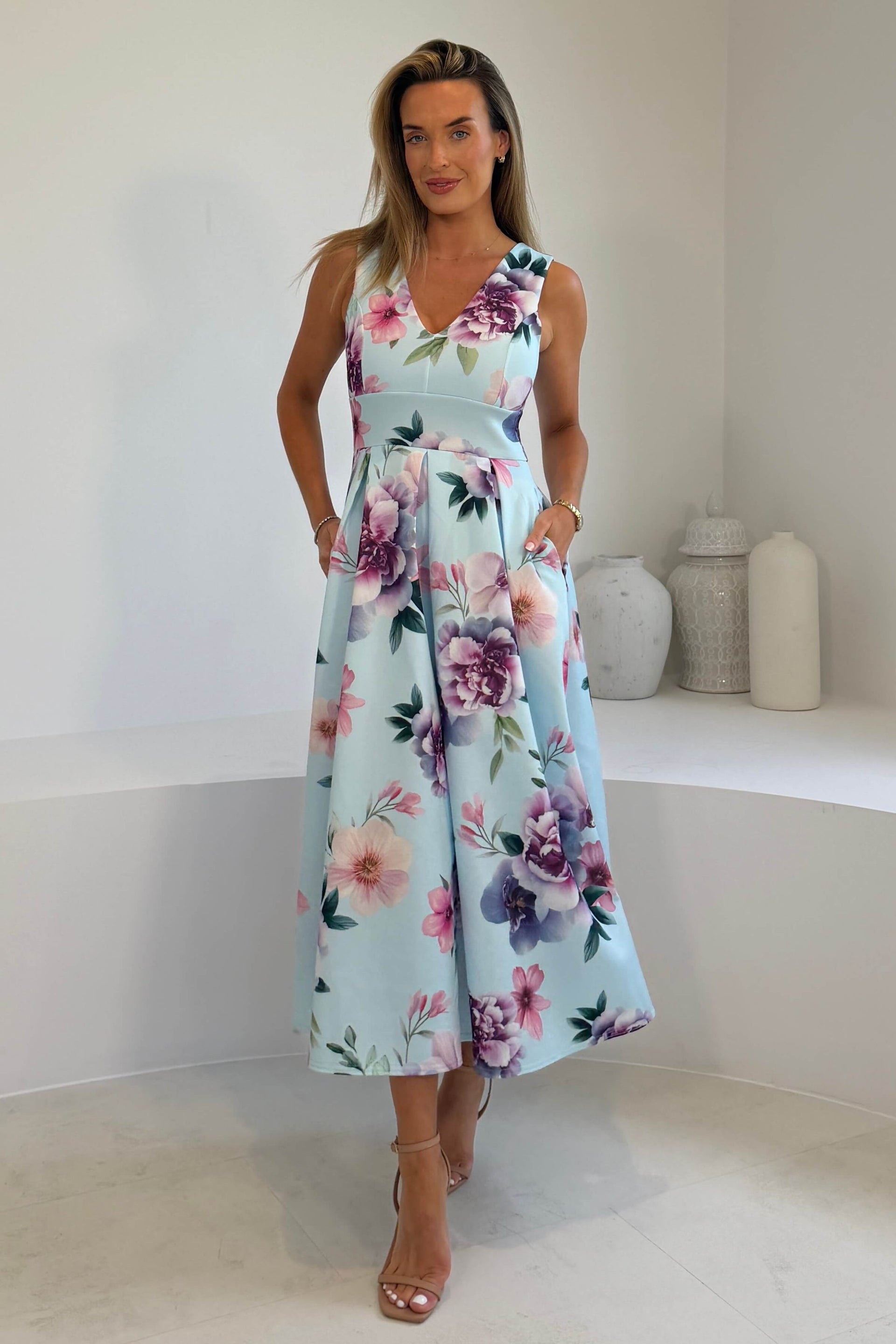 Tiffany V Neck Skater Scuba Midi Dress Sky Print