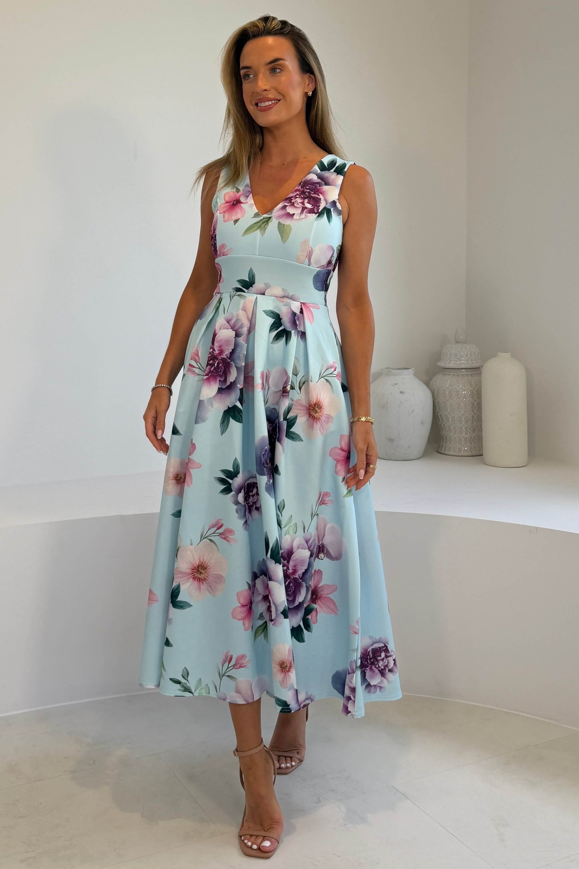 Tiffany V Neck Skater Scuba Midi Dress Sky Print