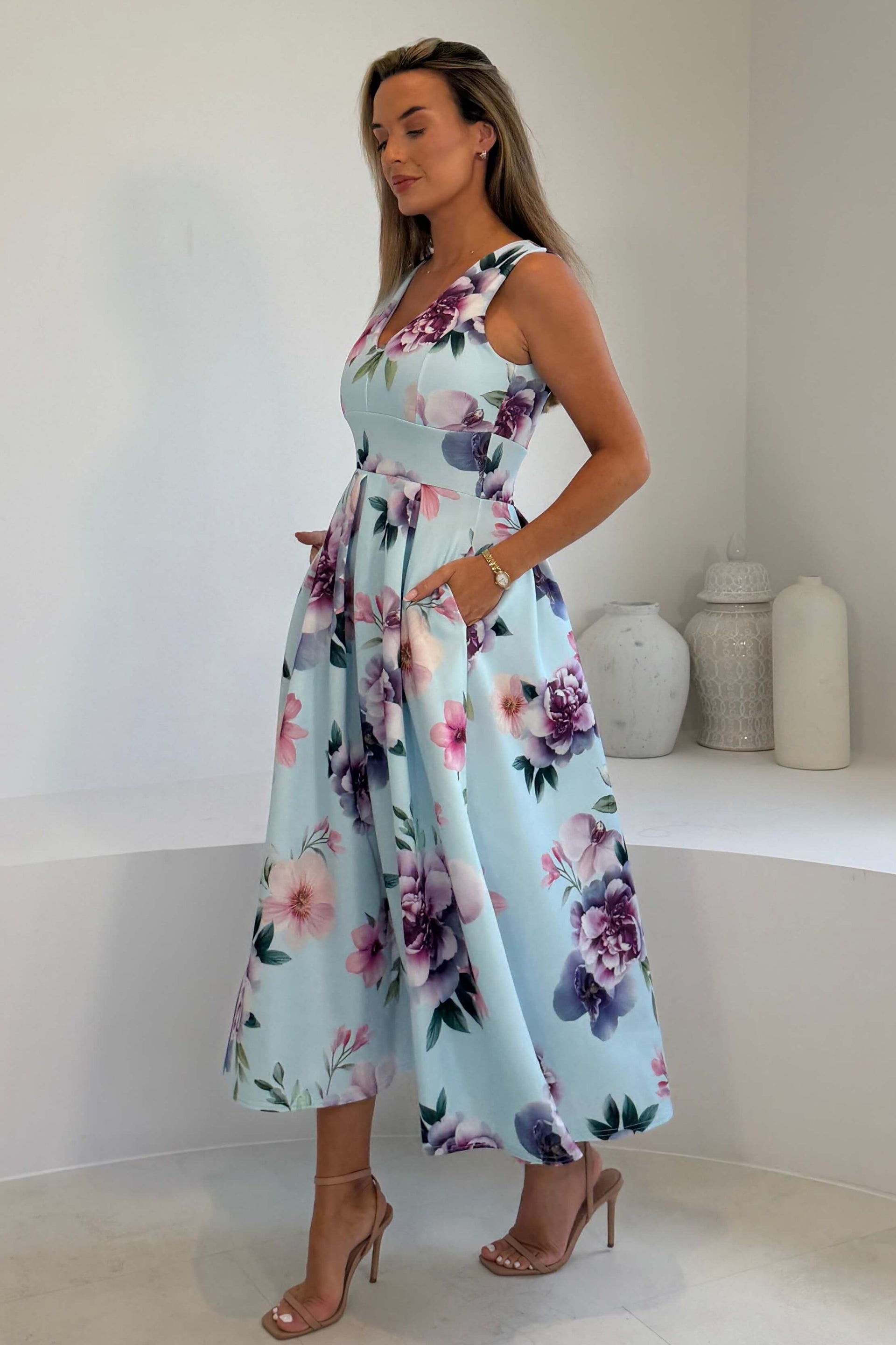 Tiffany V Neck Skater Scuba Midi Dress Sky Print