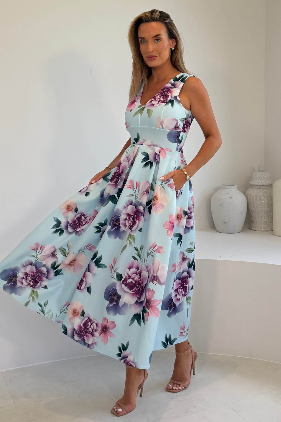 Tiffany V Neck Skater Scuba Midi Dress Sky Print