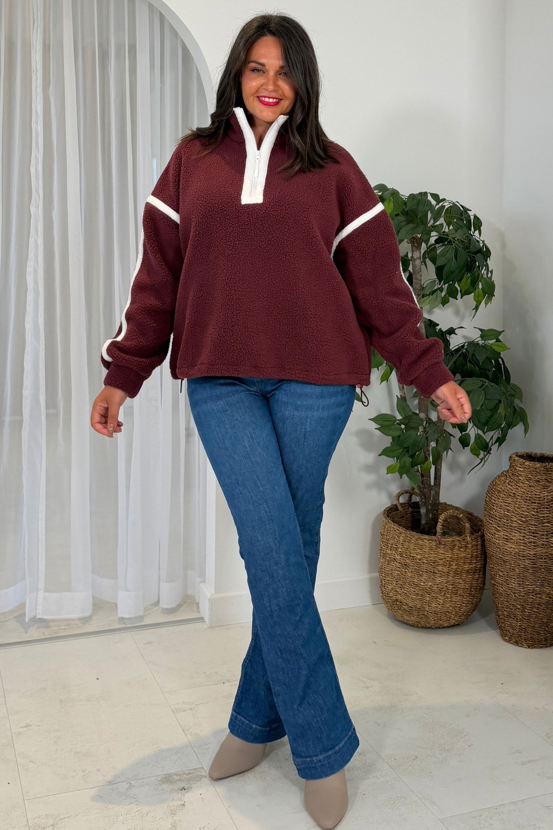 Mimi Contrast 3/4 Zip Fleece Wine