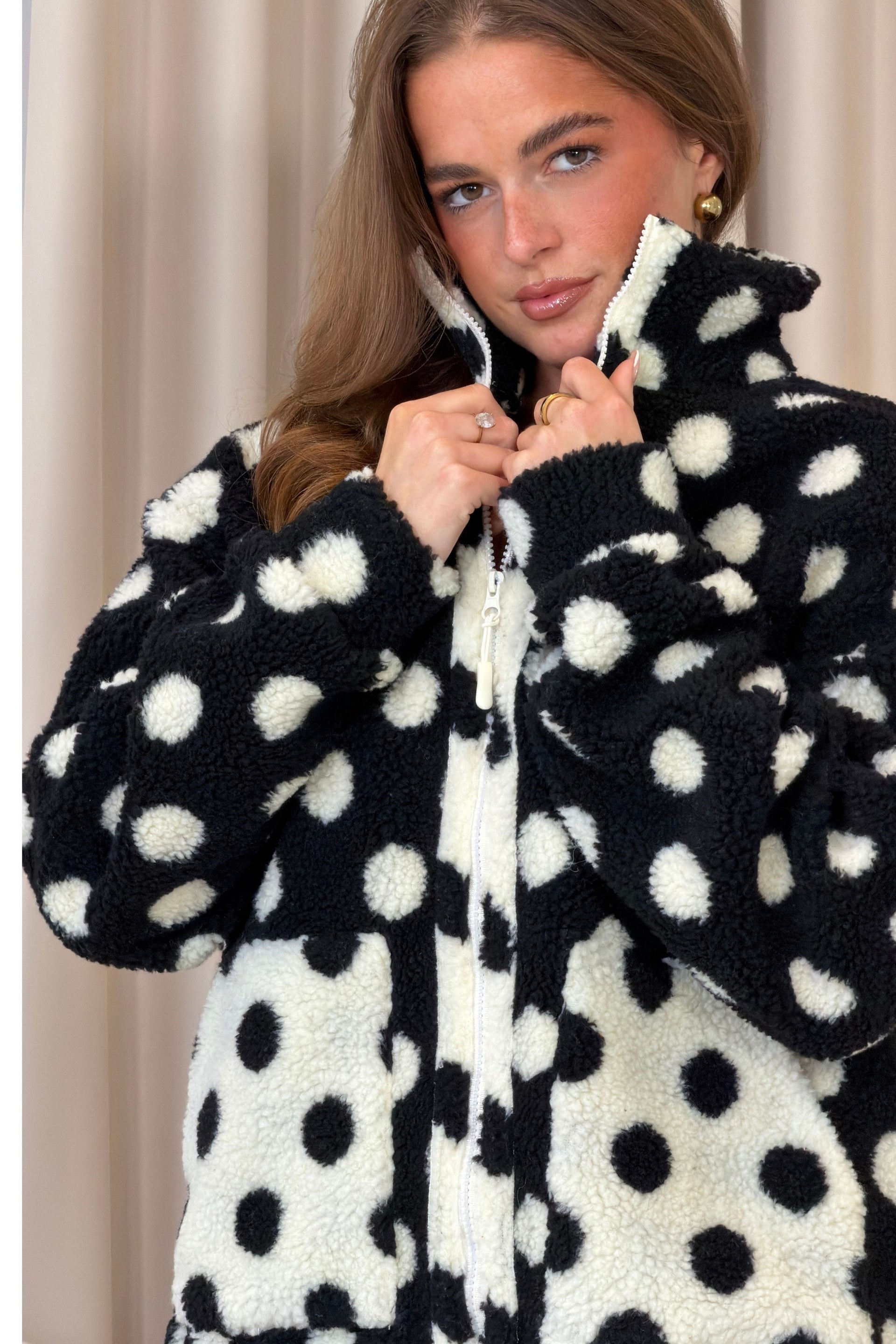 Mimi Polka Dot Full Zip Pocket Fleece Black