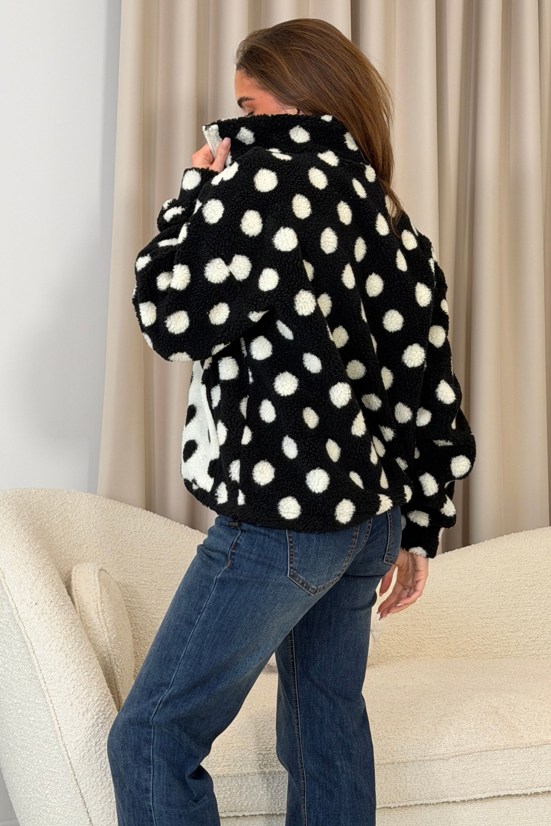 Mimi Polka Dot Full Zip Pocket Fleece Black