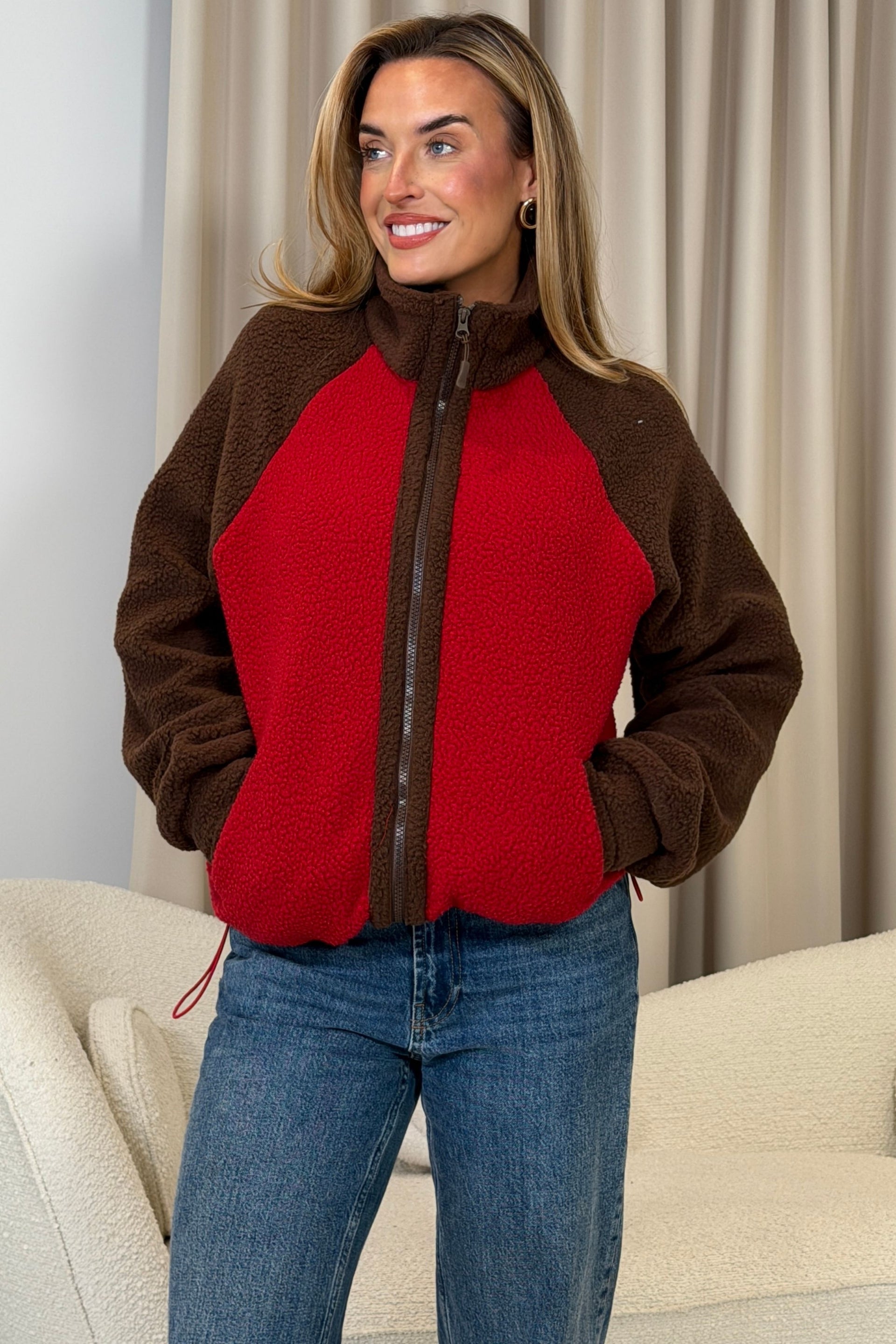 Mimi Contrast Pocket Full Zip Fleece Red
