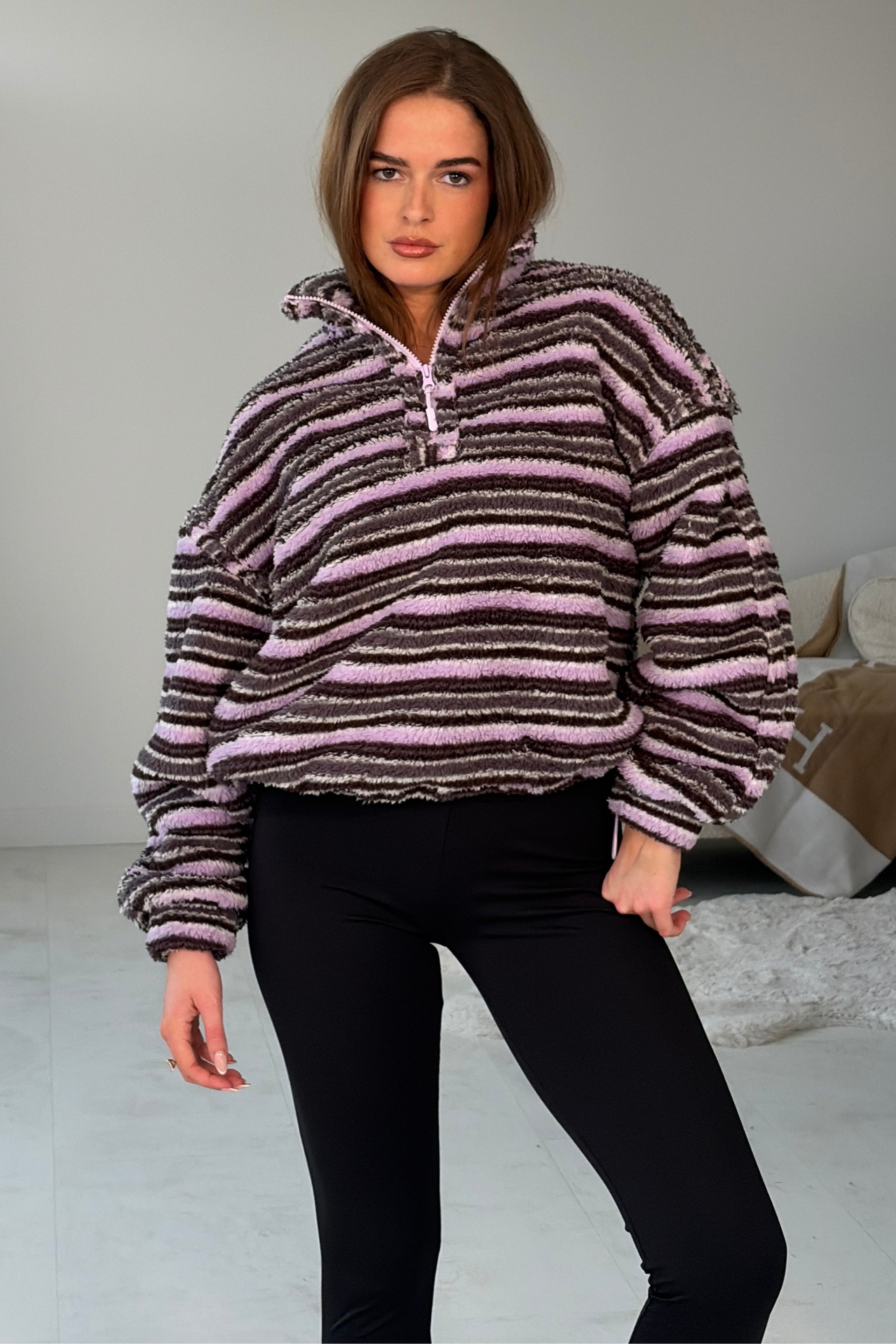 Lulu Contrast 3/4 Zip Stripe Fleece Purple