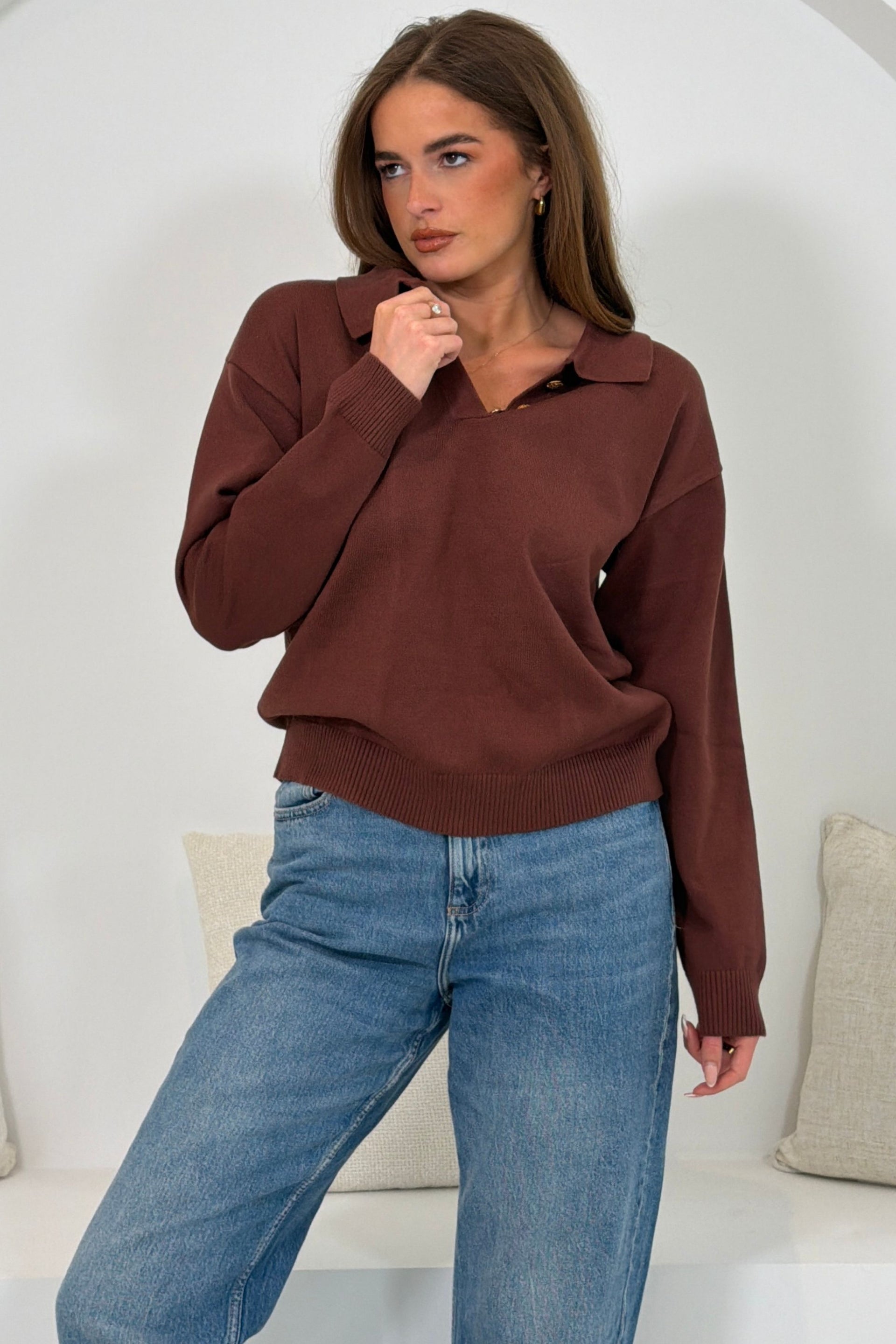 Harley Knit Collar detail long Sleeve Top Brown