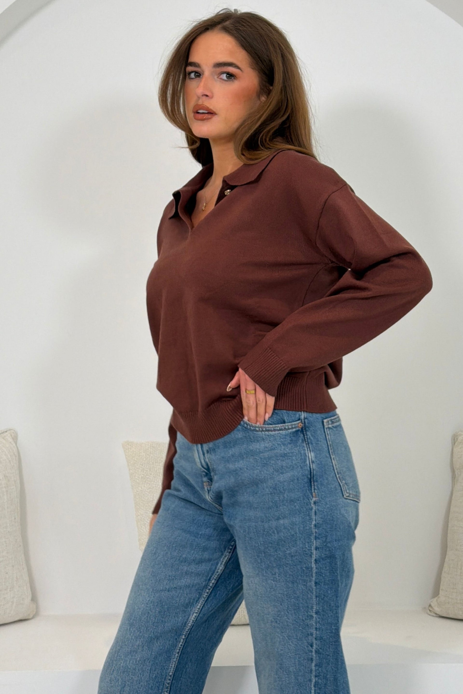 Harley Knit Collar detail long Sleeve Top Brown