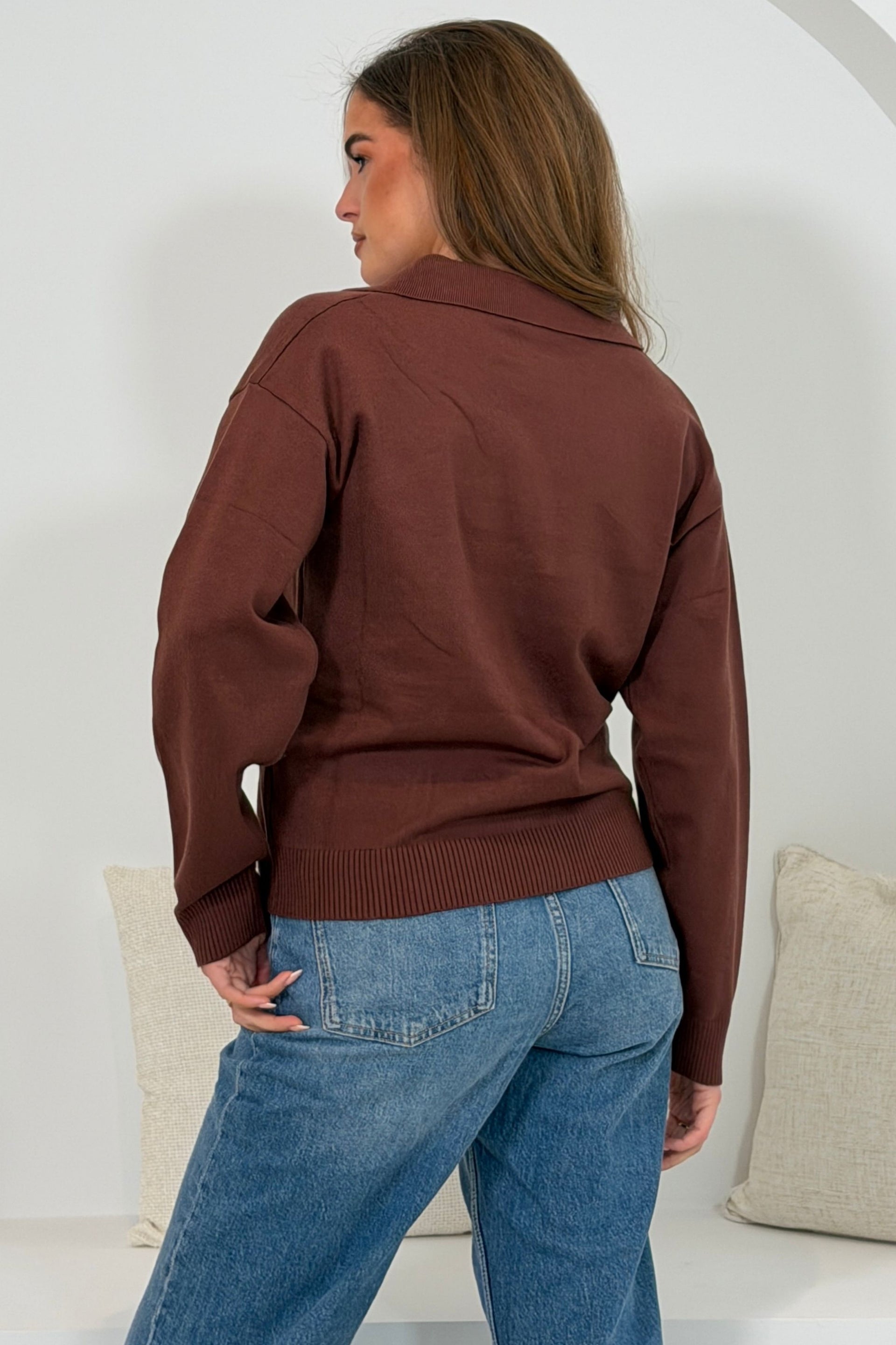 Harley Knit Collar detail long Sleeve Top Brown