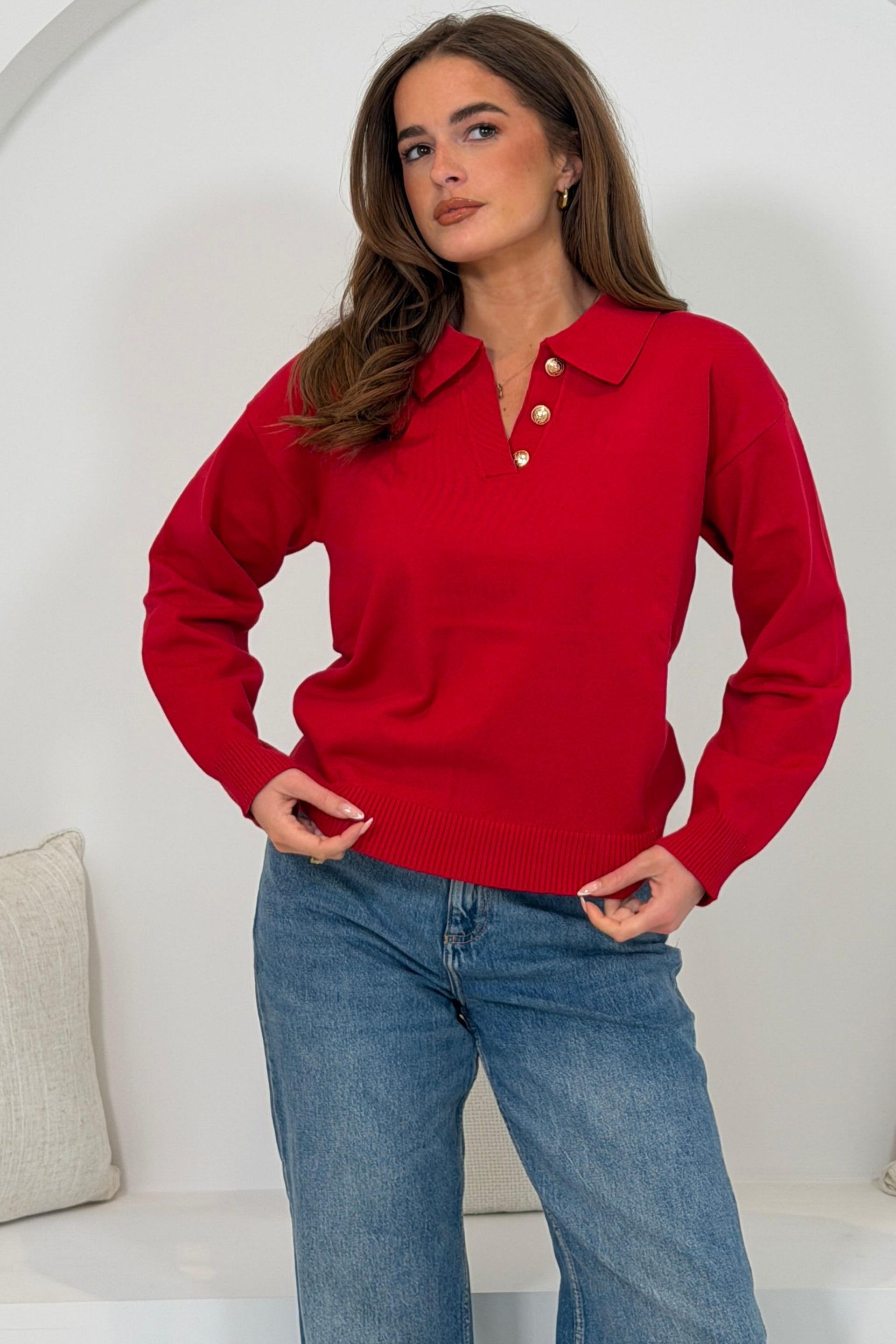 Harley Knit Collar detail long Sleeve Top Red