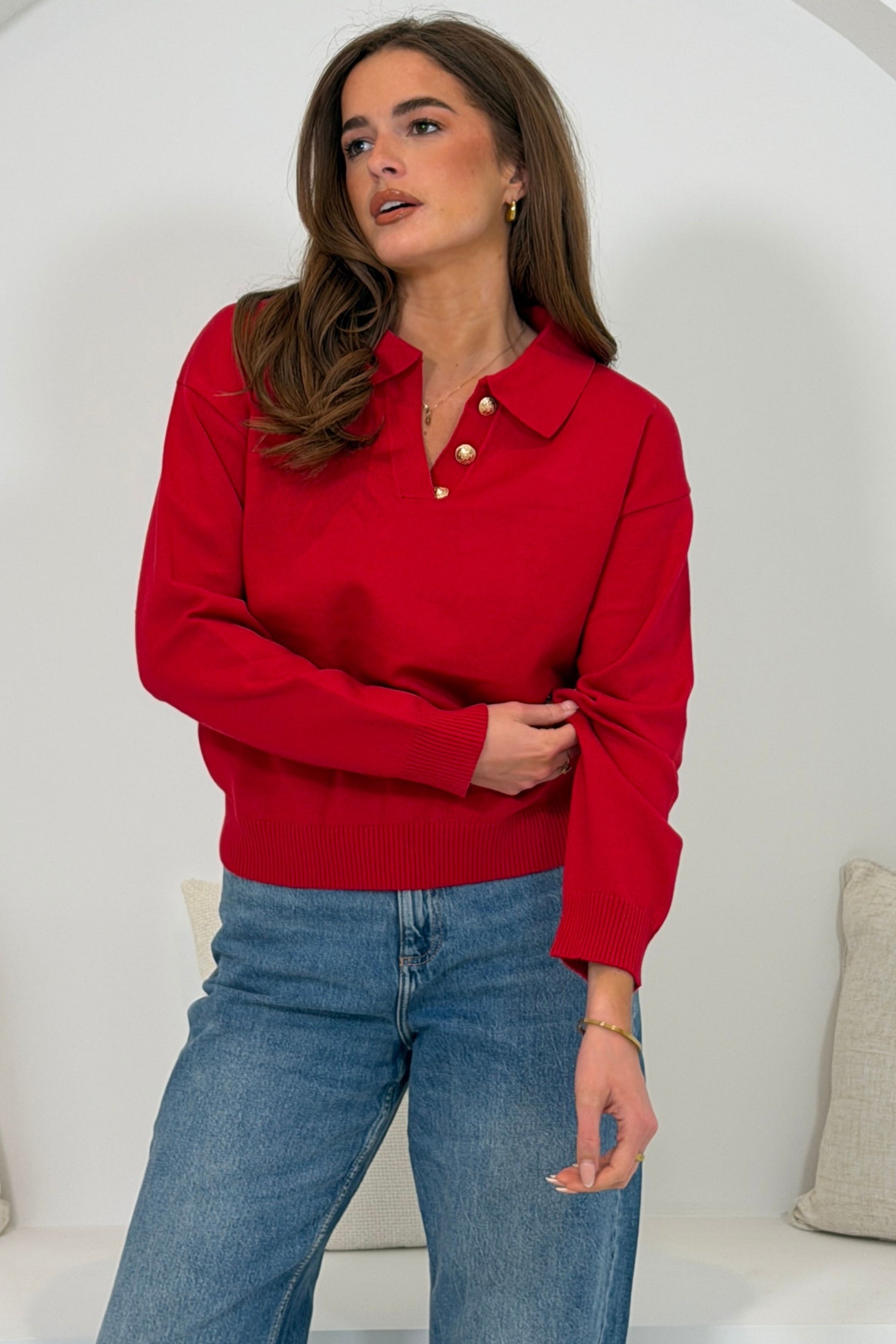 Harley Knit Collar detail long Sleeve Top Red