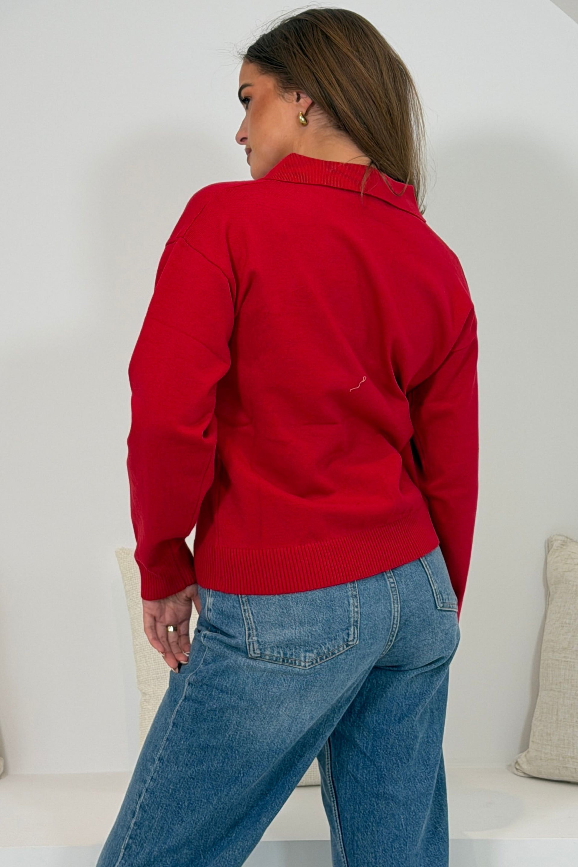 Harley Knit Collar detail long Sleeve Top Red