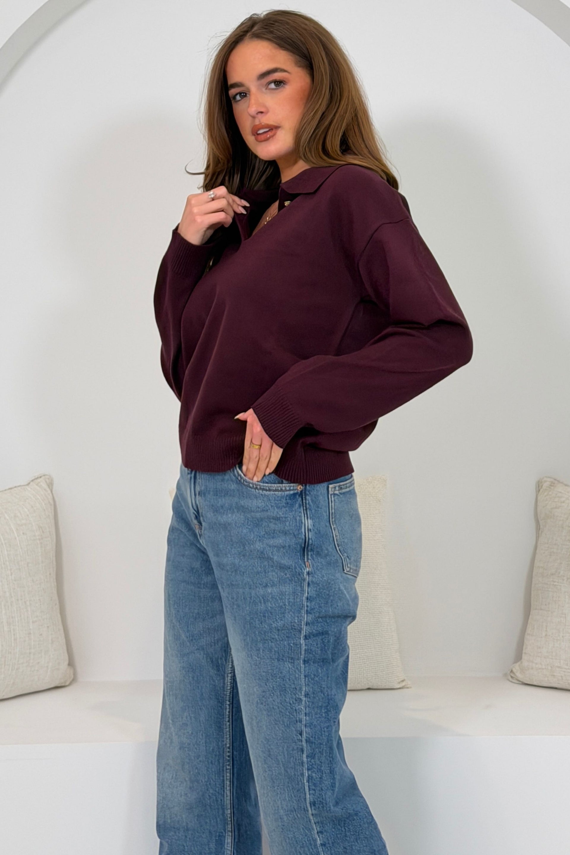 Harley Knit Collar detail long Sleeve Top Wine