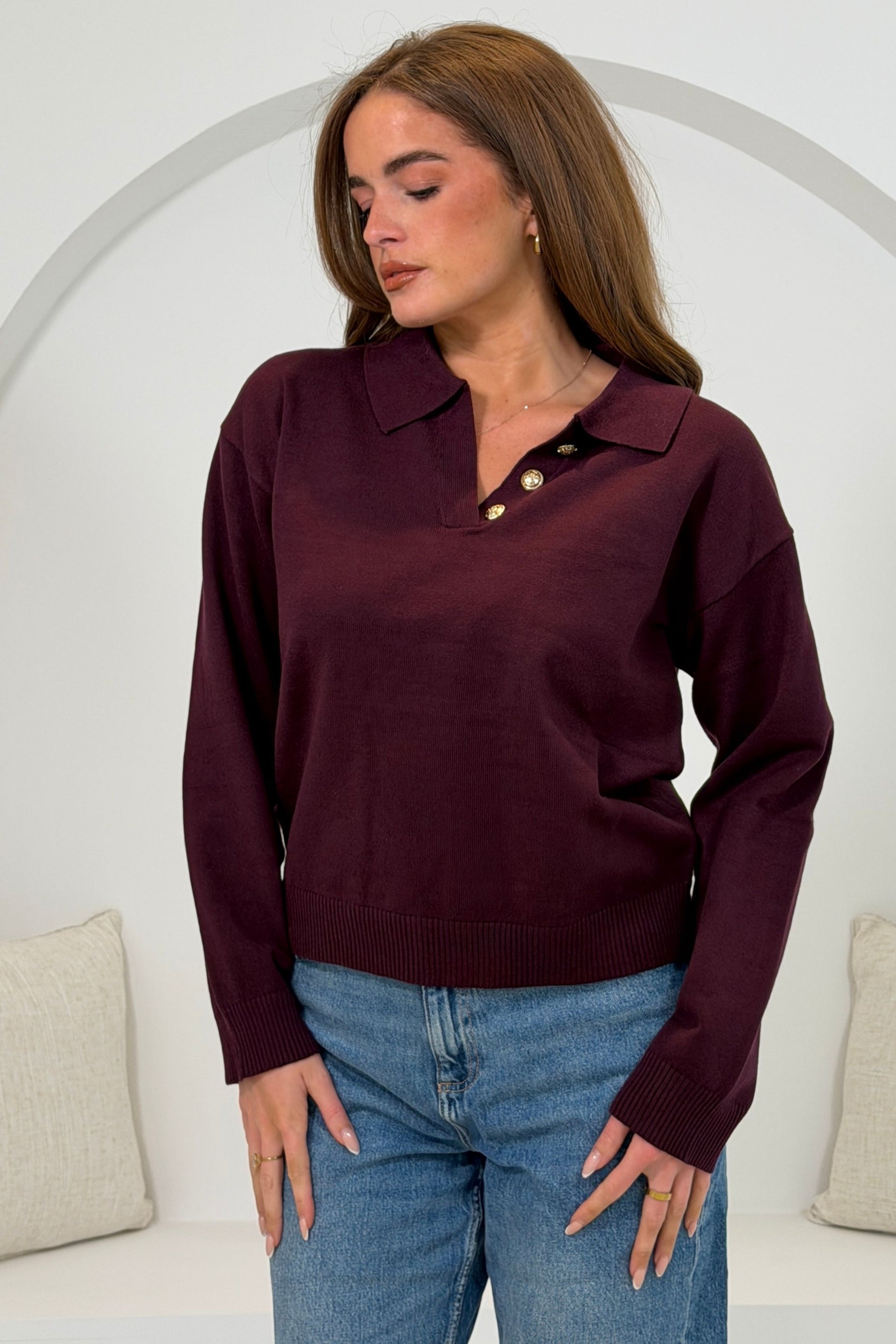 Harley Knit Collar detail long Sleeve Top Wine