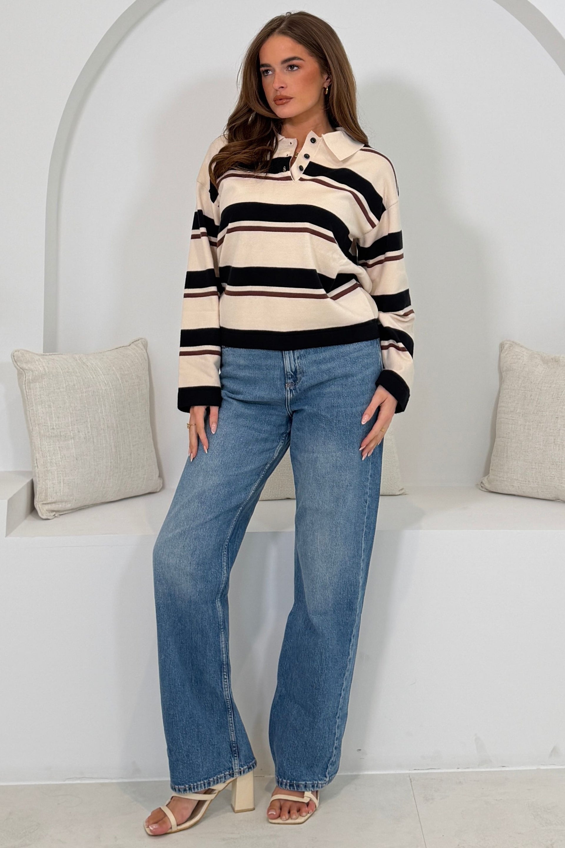 Maddie Stripe Collar detail long Sleeve Top Cream