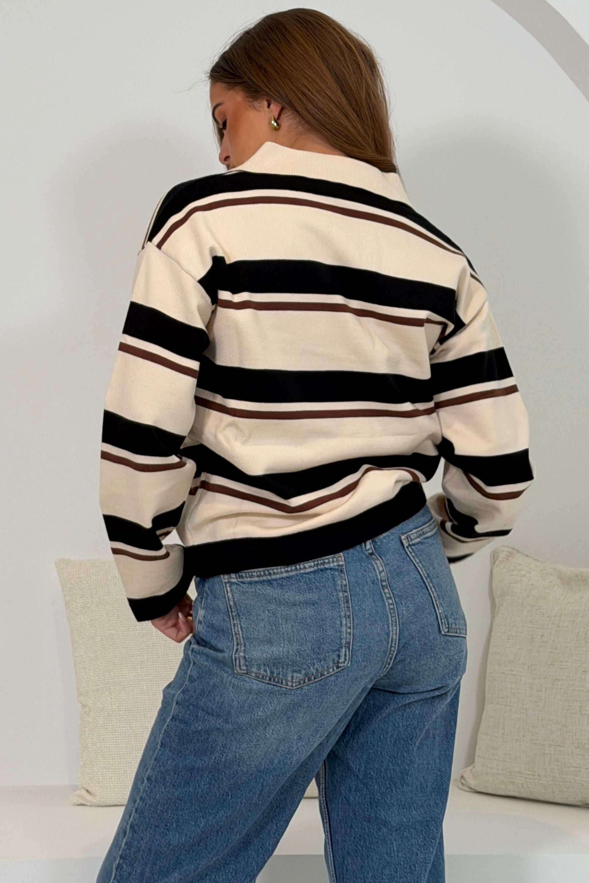 Maddie Stripe Collar detail long Sleeve Top Cream