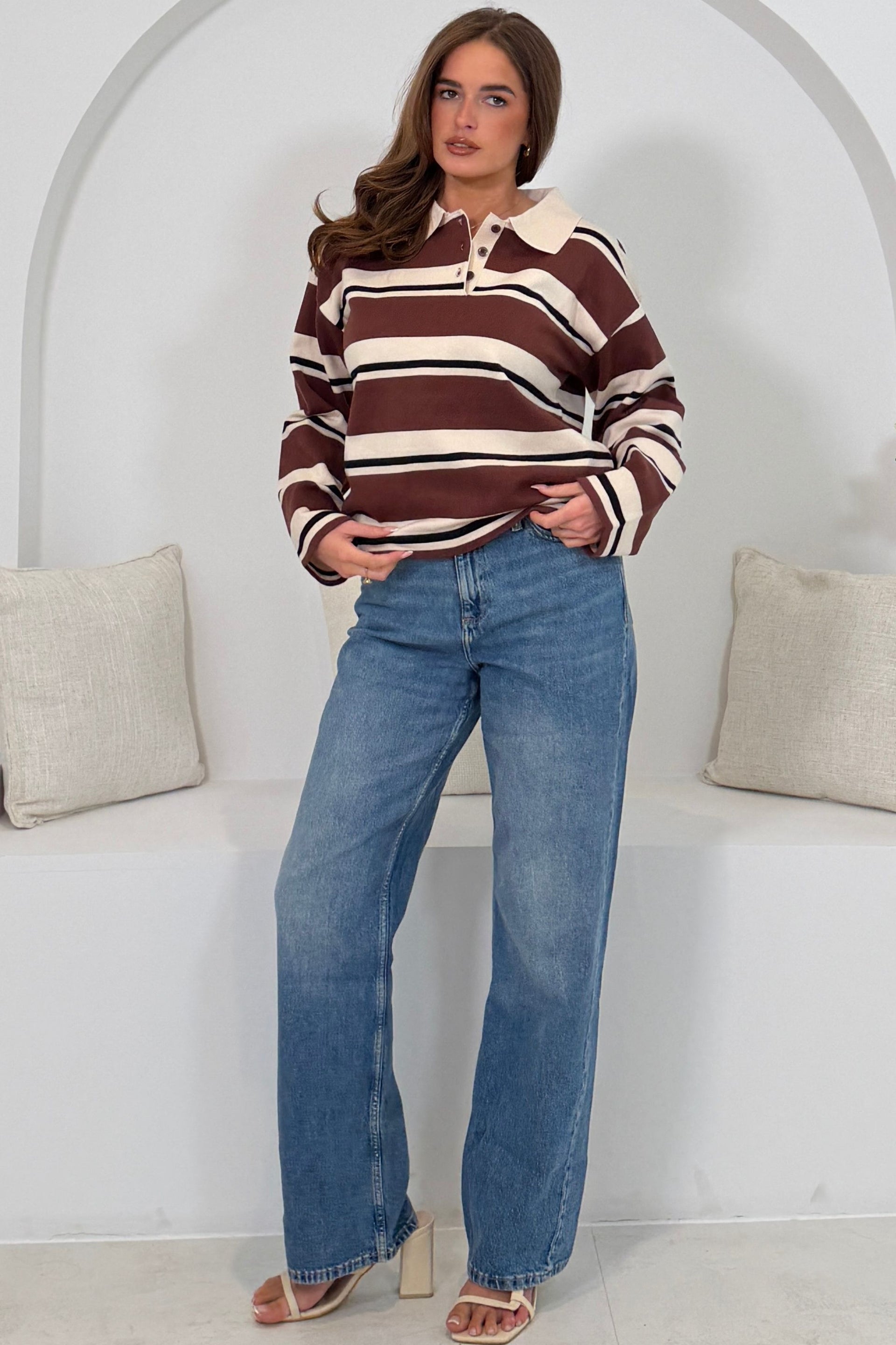 Maddie Stripe Collar Detail Long Sleeve Top Brown