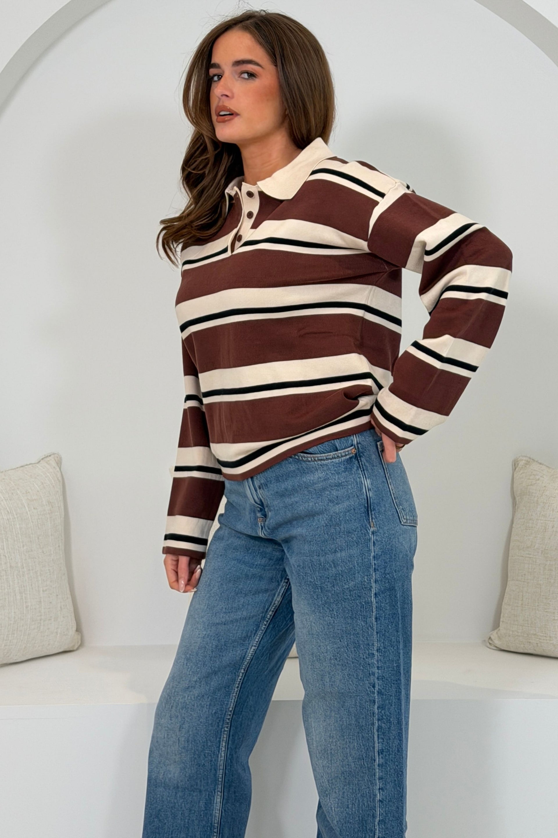 Maddie Stripe Collar Detail Long Sleeve Top Brown