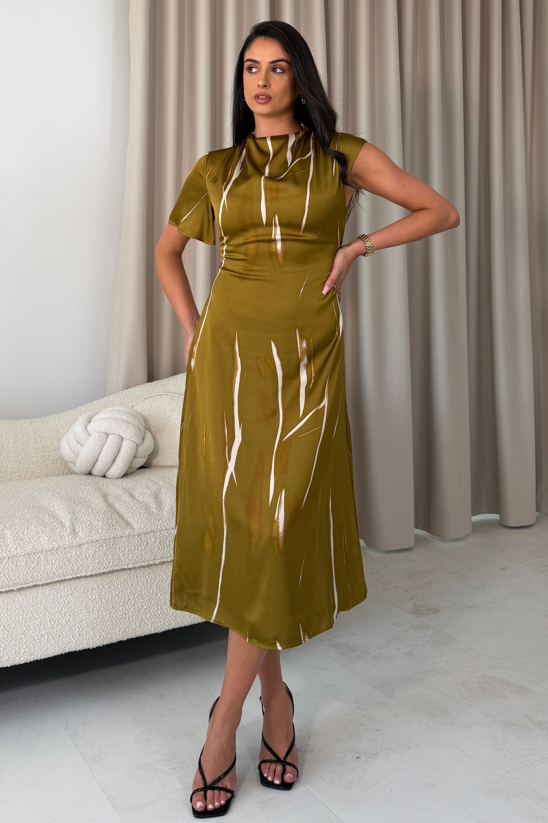 Adeline Print Satin Midi Dress Green