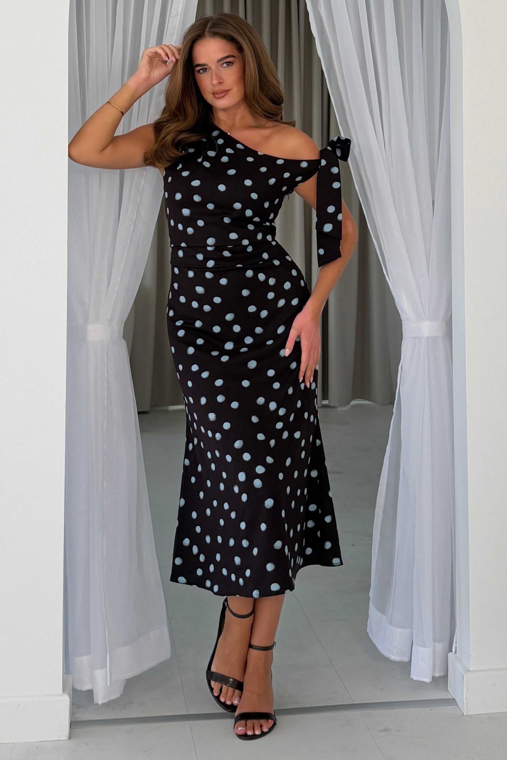 Luciana Spot Tie Shoulder Midi Dress Brown
