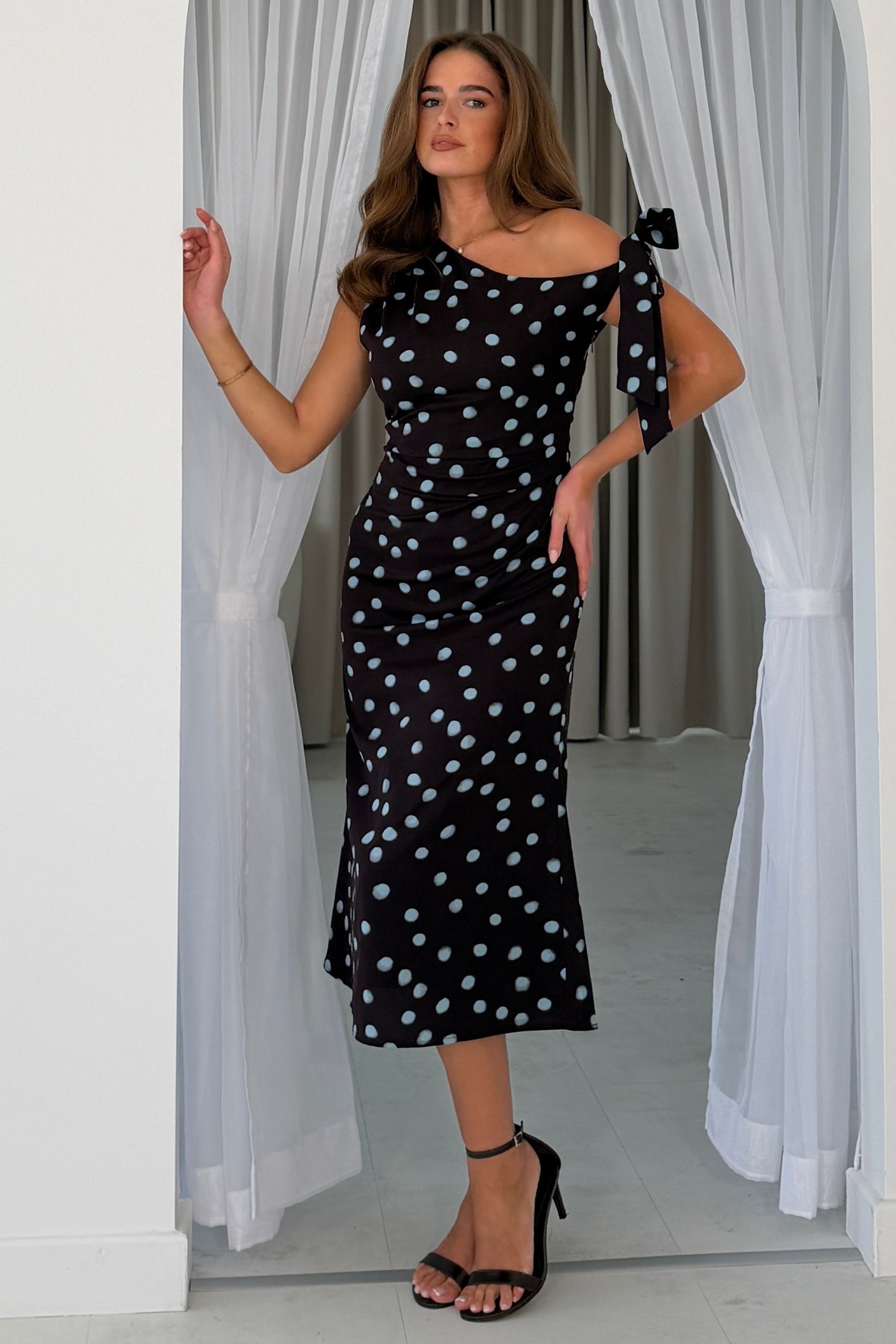Luciana Spot Tie Shoulder Midi Dress Brown