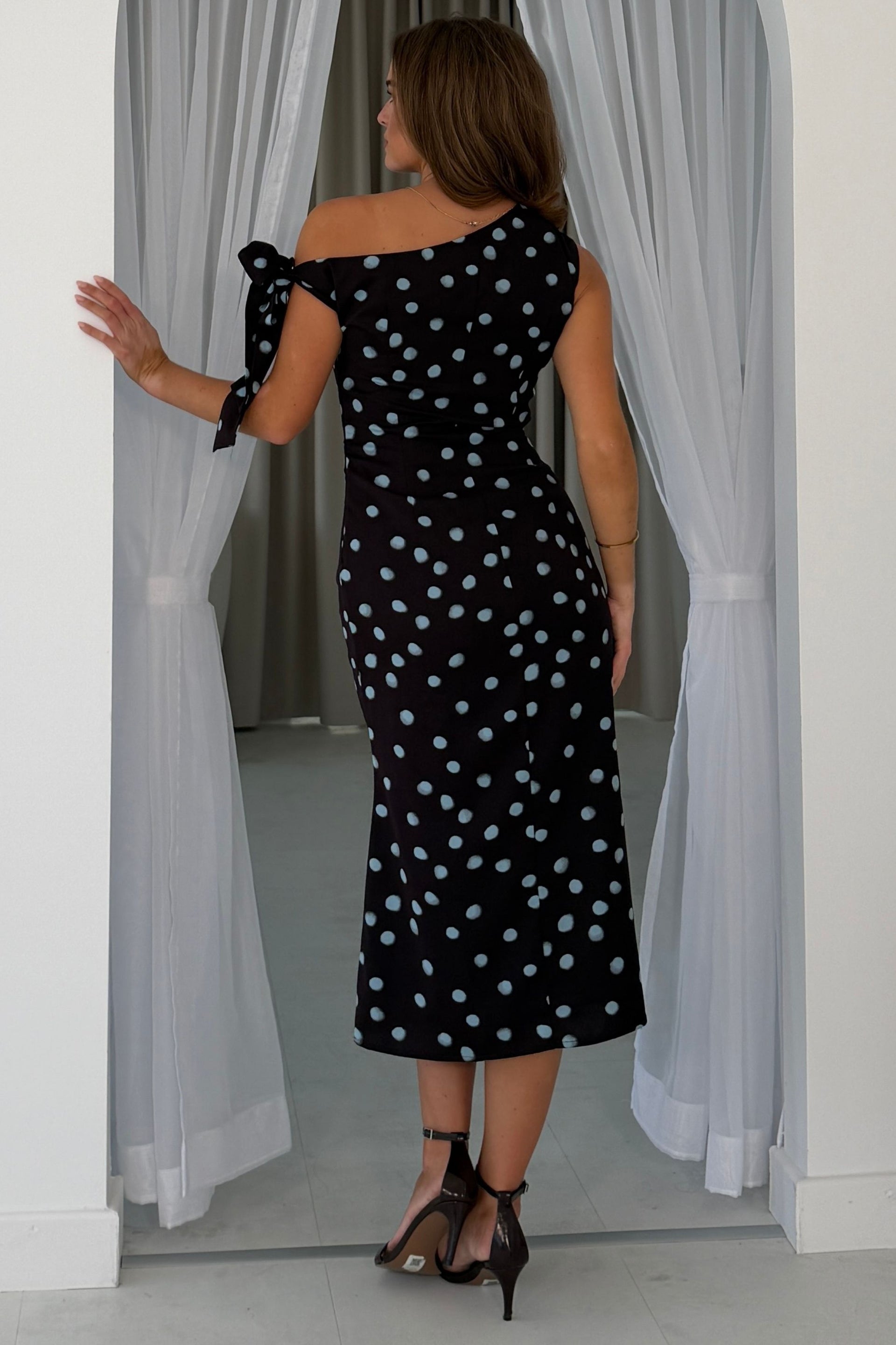 Luciana Spot Tie Shoulder Midi Dress Brown