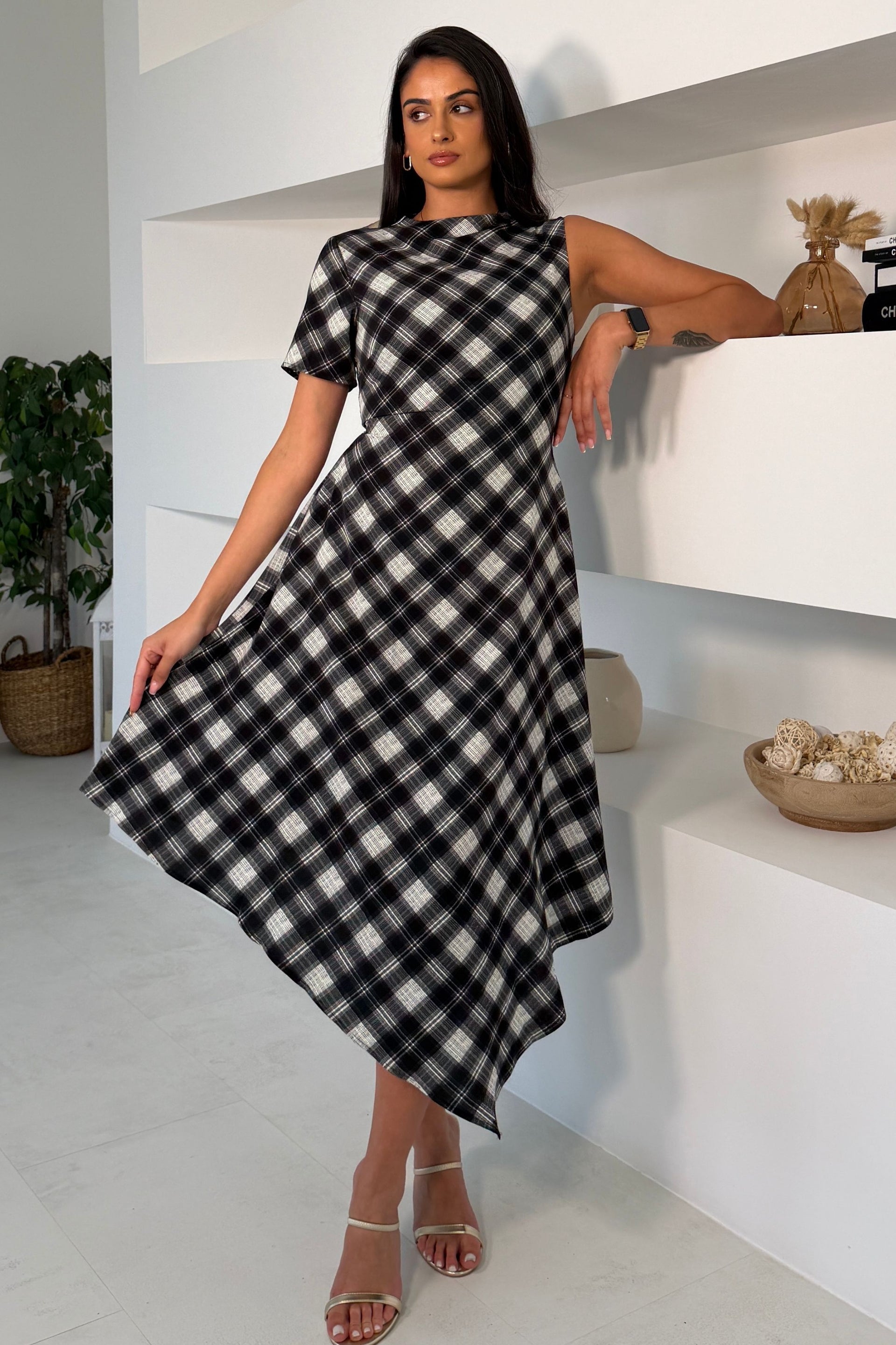 Wren Check Asymetric Midi Dress Black