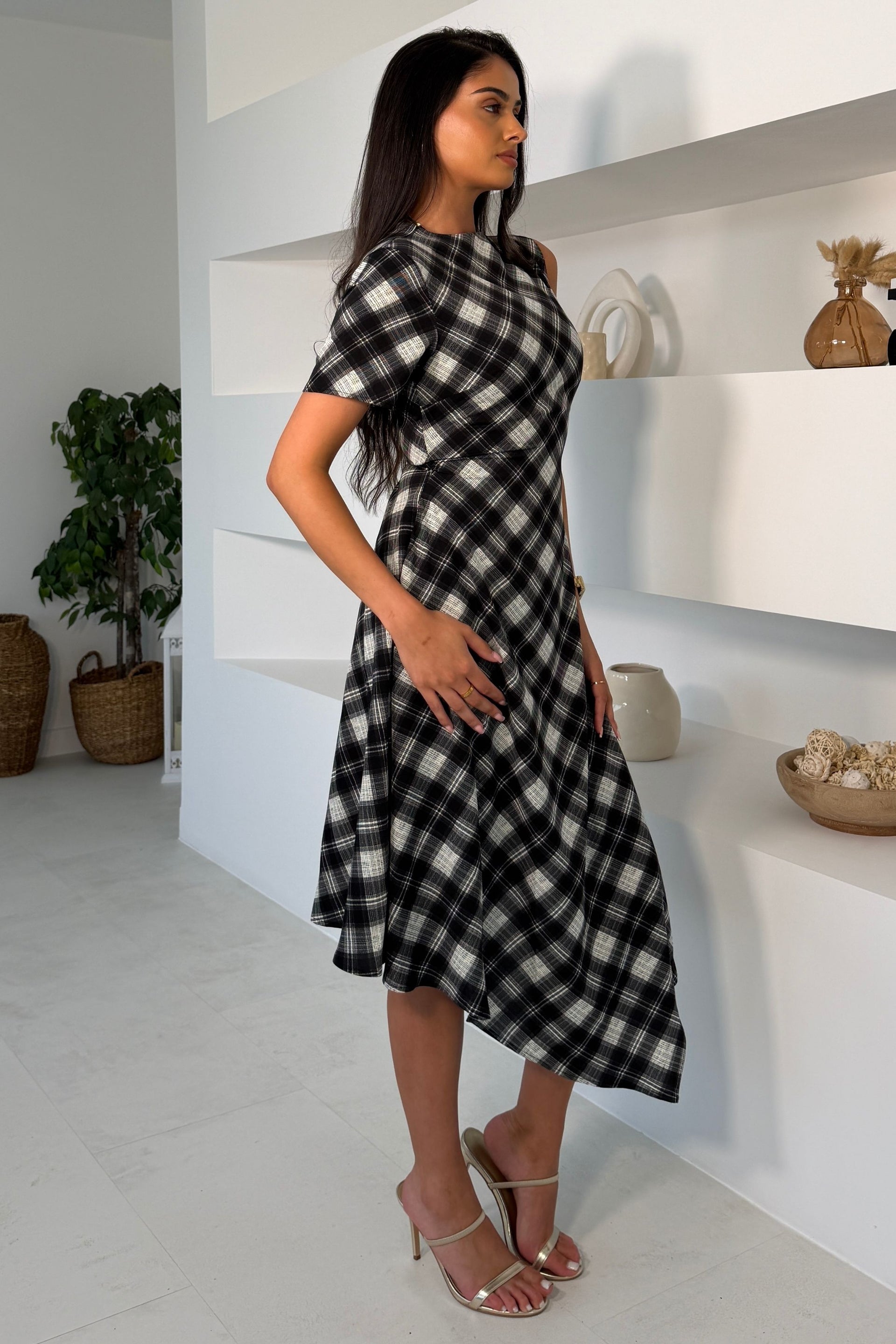 Wren Check Asymetric Midi Dress Black