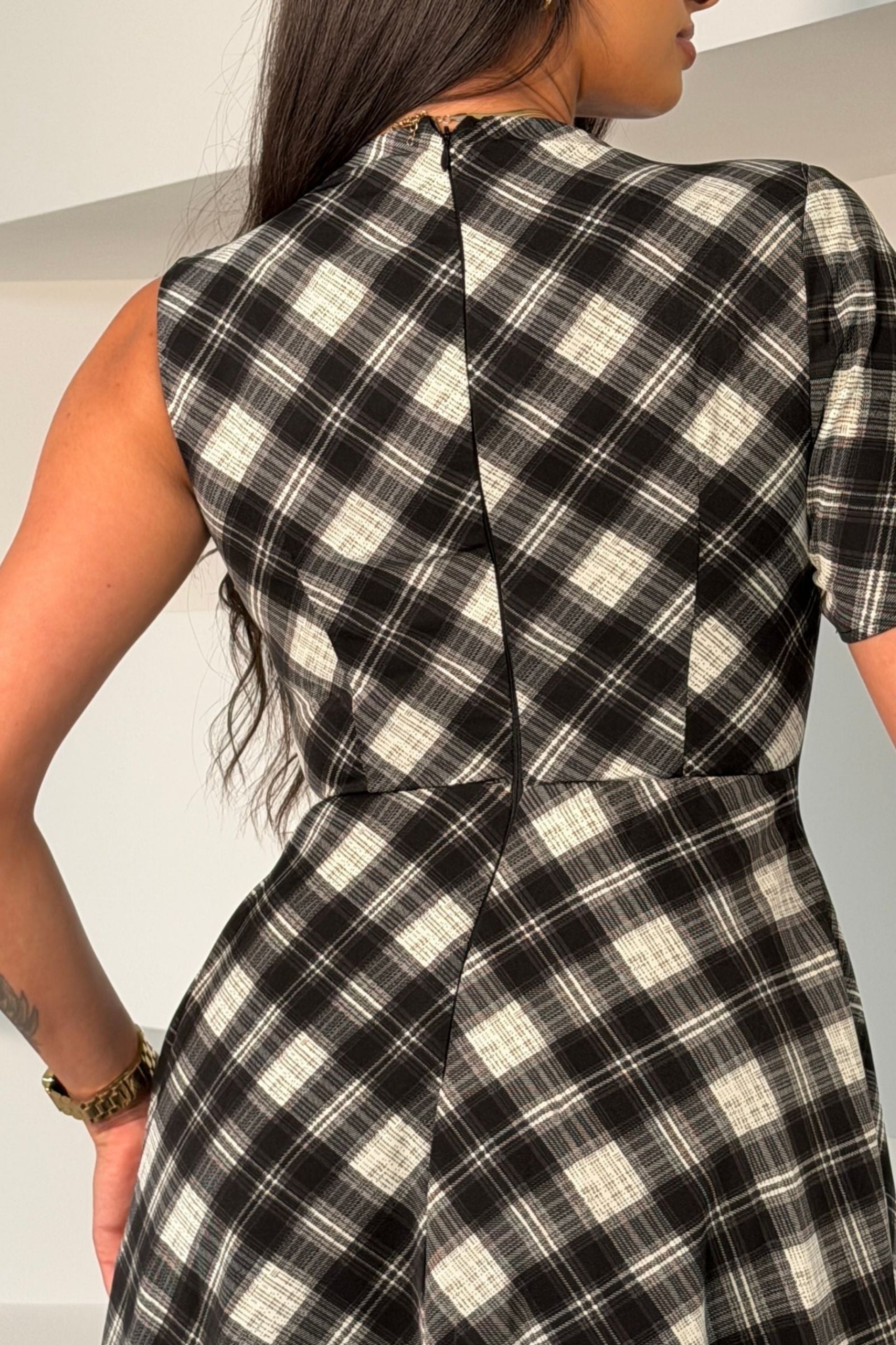 Wren Check Asymetric Midi Dress Black