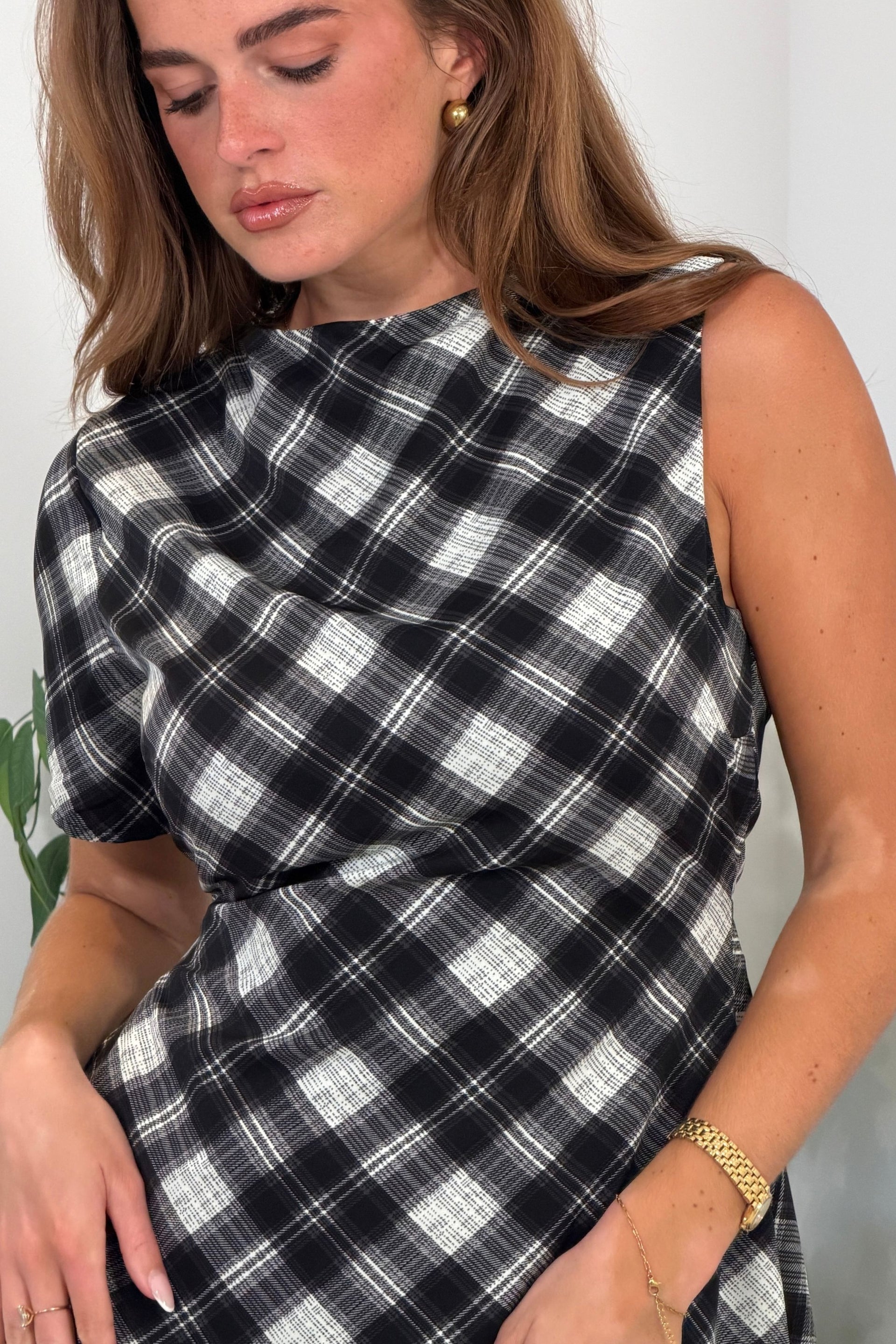 Wren Check Asymetric Midi Dress Black
