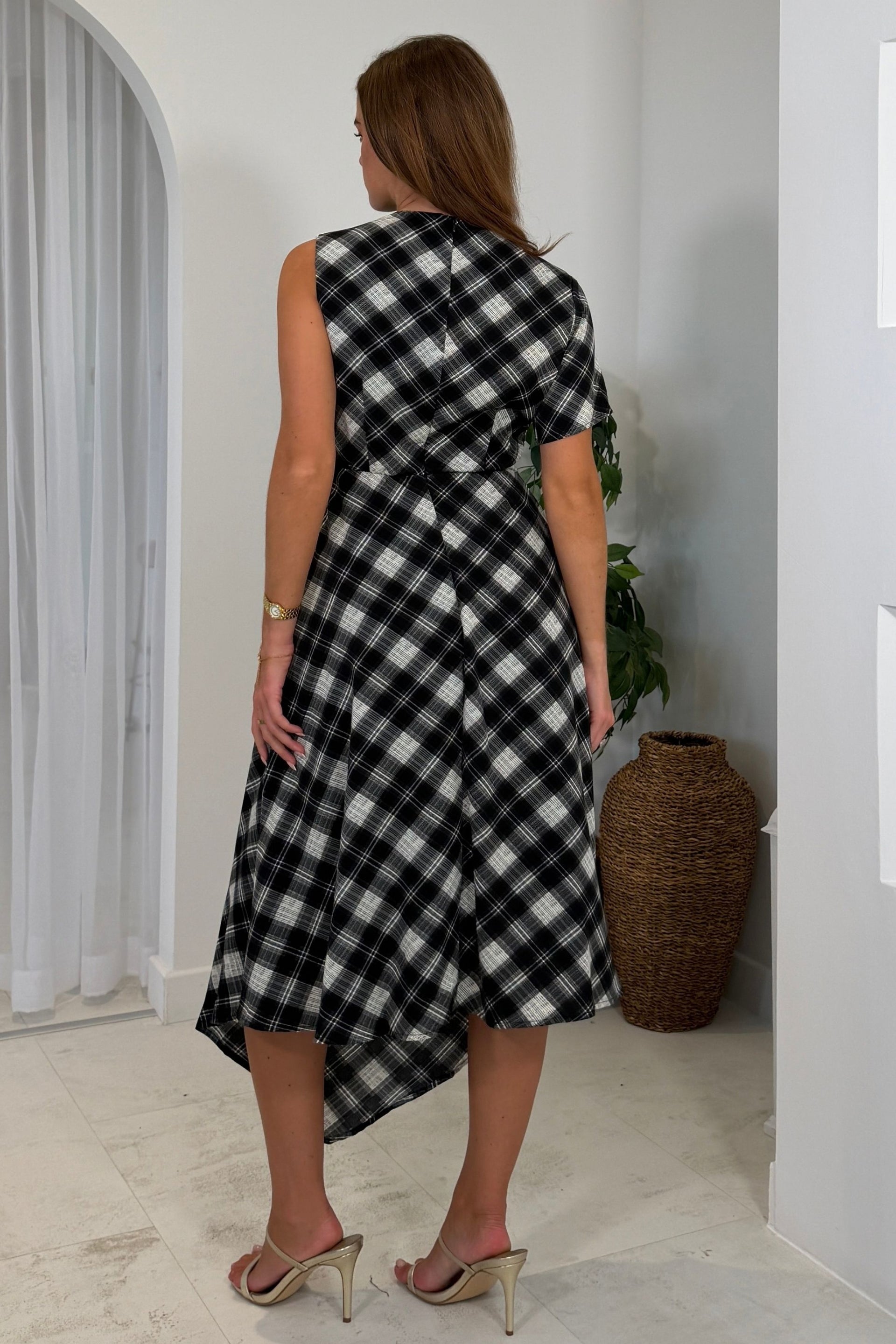 Wren Check Asymetric Midi Dress Black