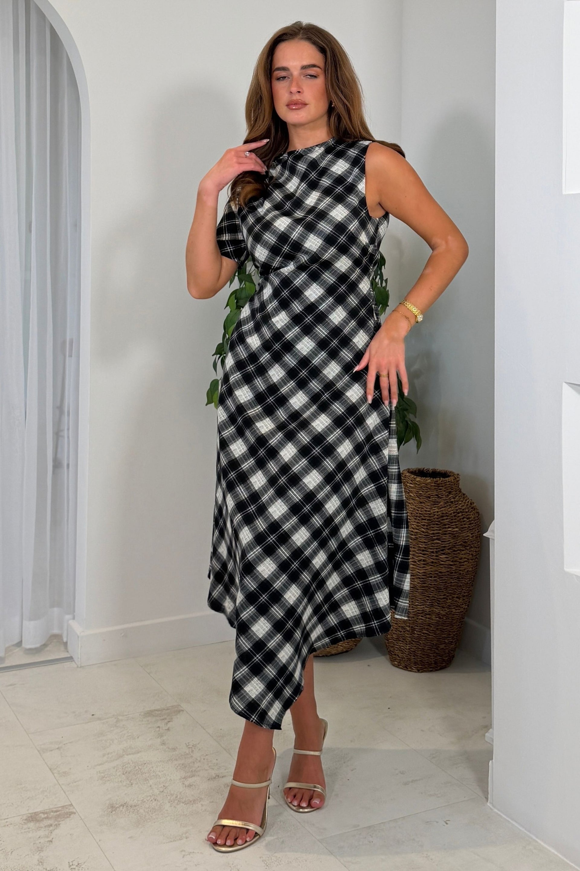 Wren Check Asymetric Midi Dress Black