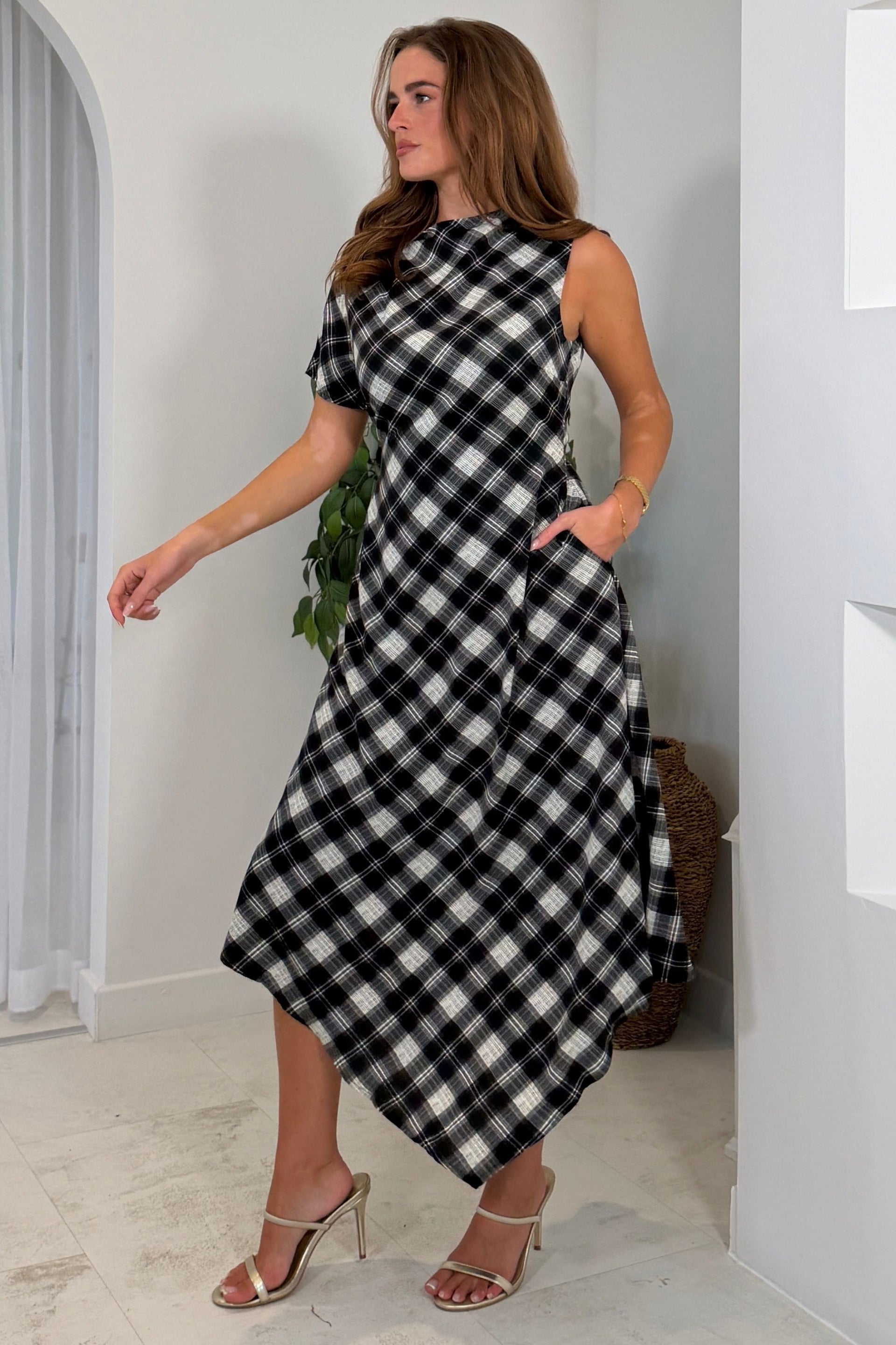 Wren Check Asymetric Midi Dress Black