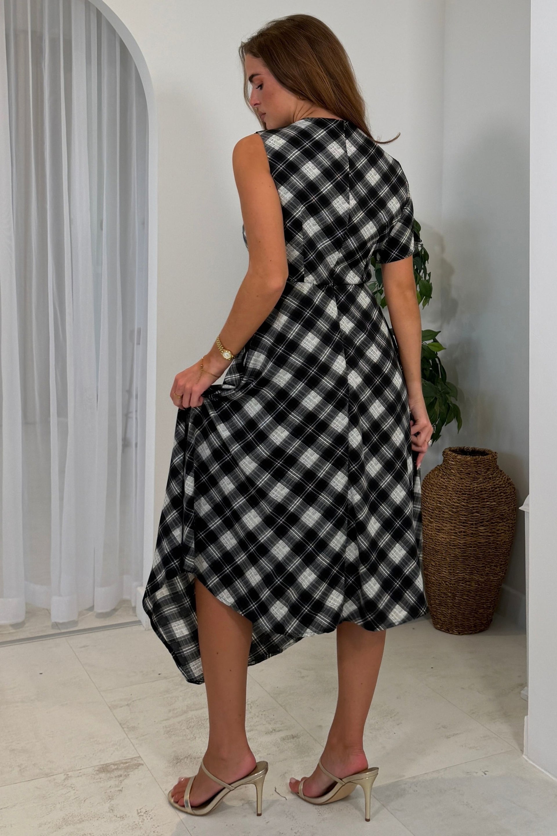Wren Check Asymetric Midi Dress Black
