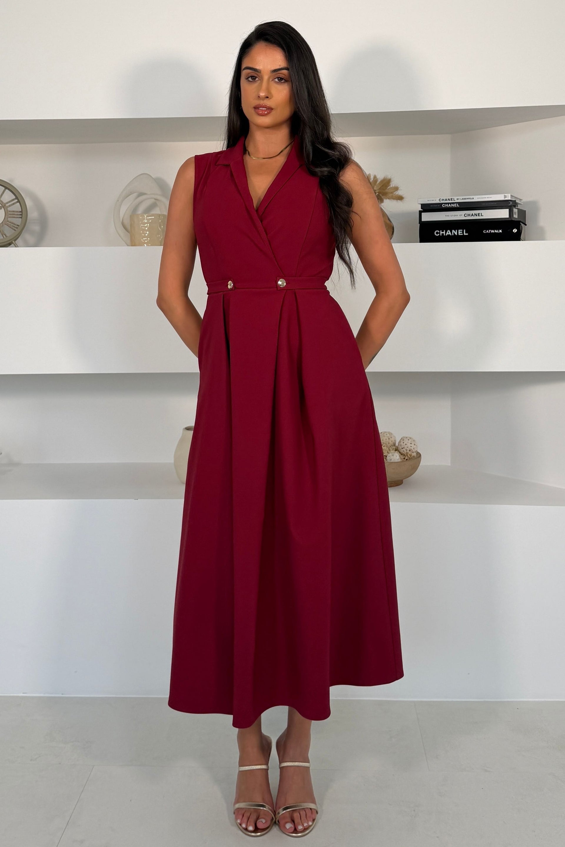 Paloma Cinched Detail Tailored Midi Dress Burgundy