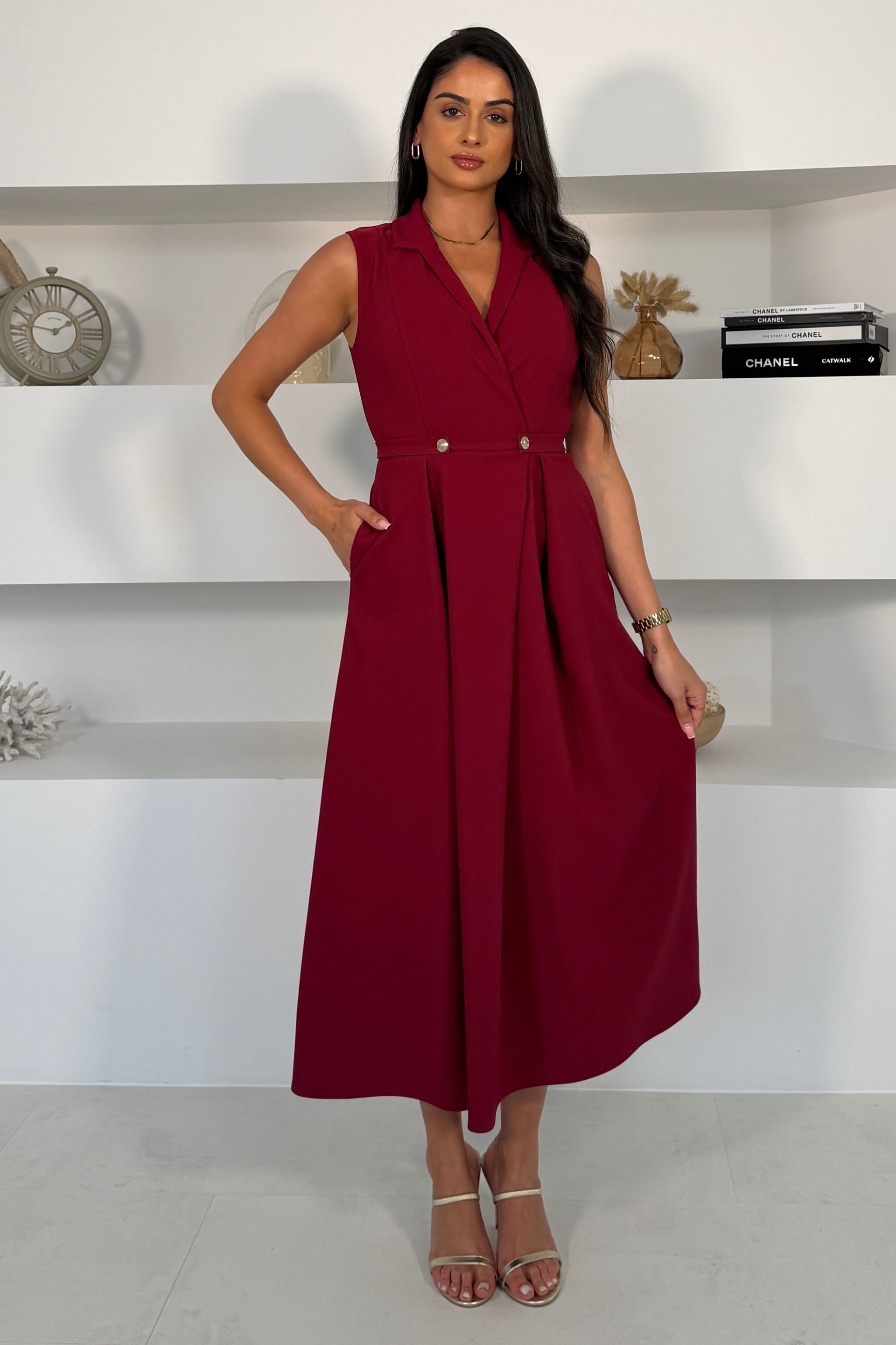 Paloma Cinched Detail Tailored Midi Dress Burgundy