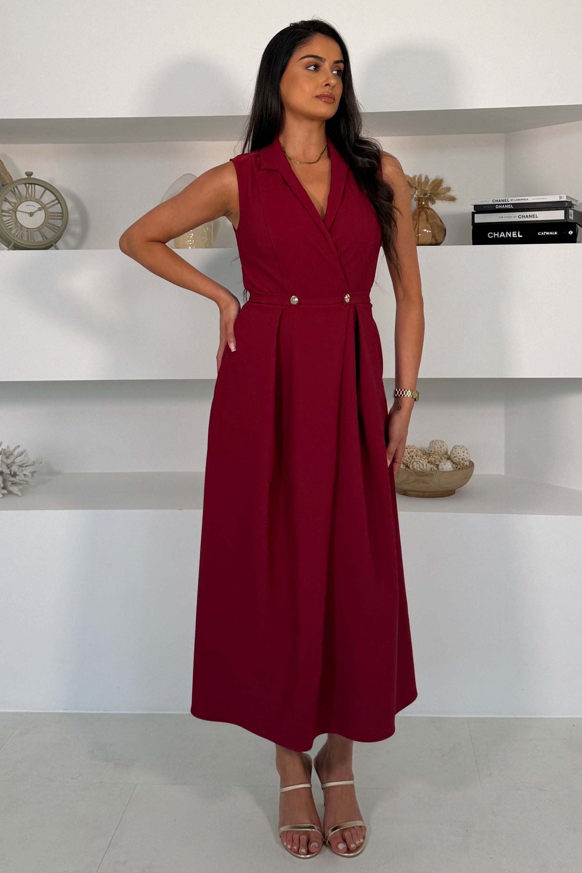 Paloma Cinched Detail Tailored Midi Dress Burgundy
