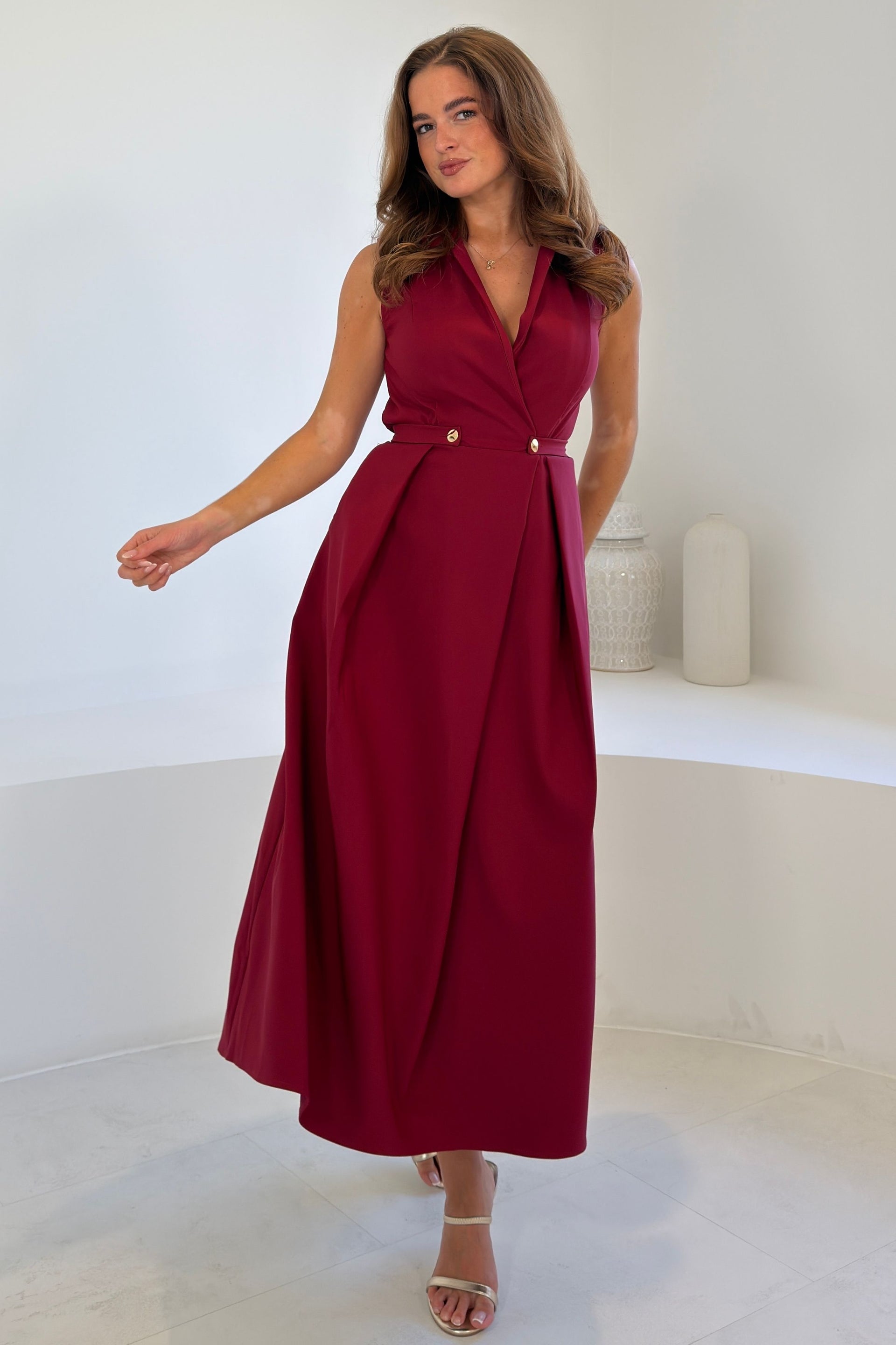 Paloma Cinched Detail Tailored Midi Dress Burgundy