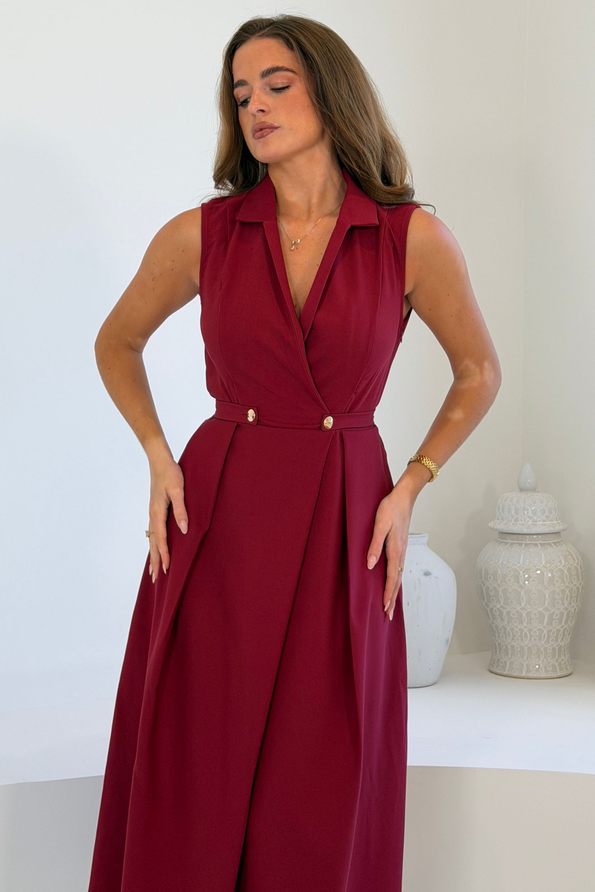 Paloma Cinched Detail Tailored Midi Dress Burgundy
