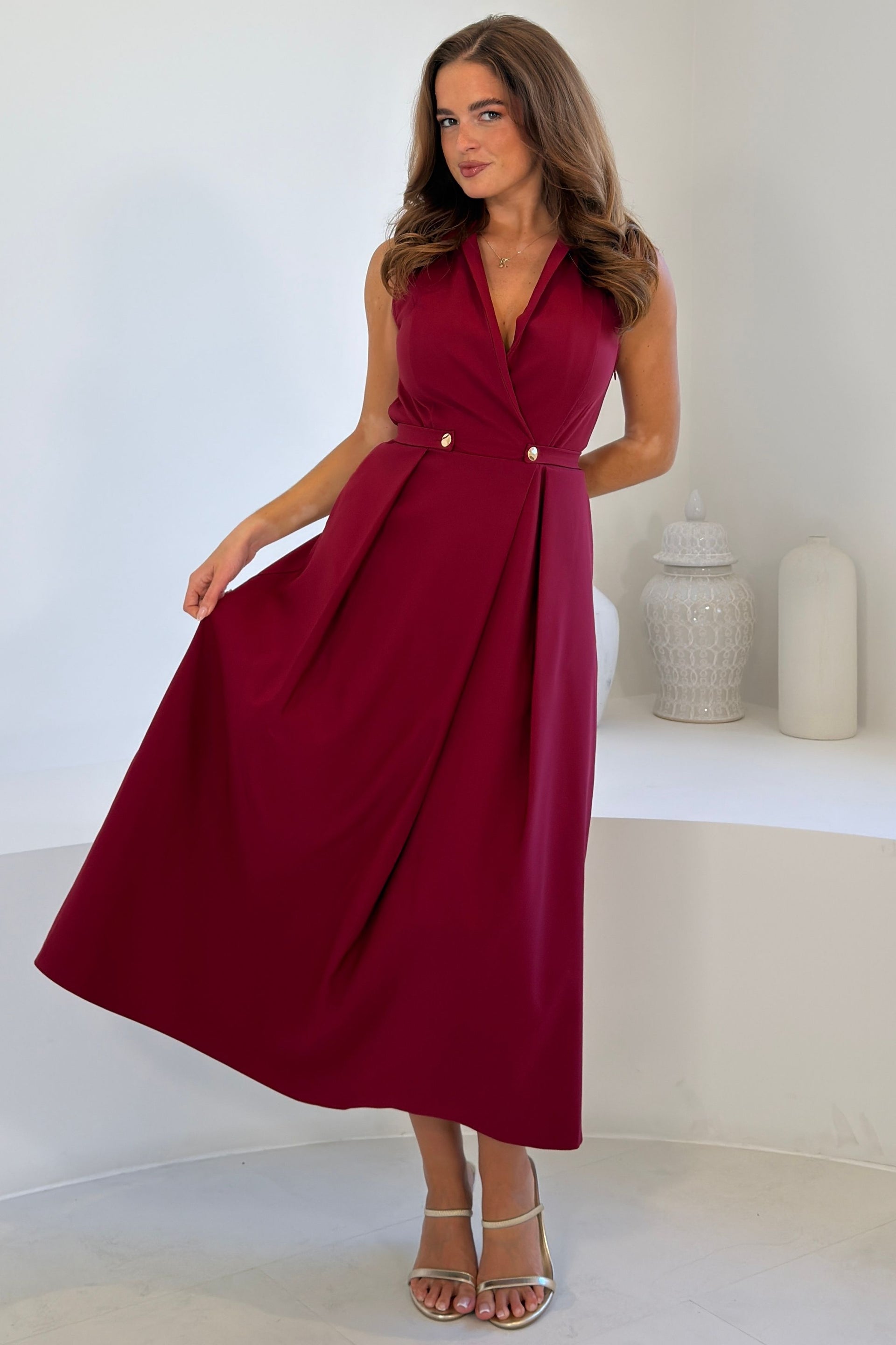 Paloma Cinched Detail Tailored Midi Dress Burgundy