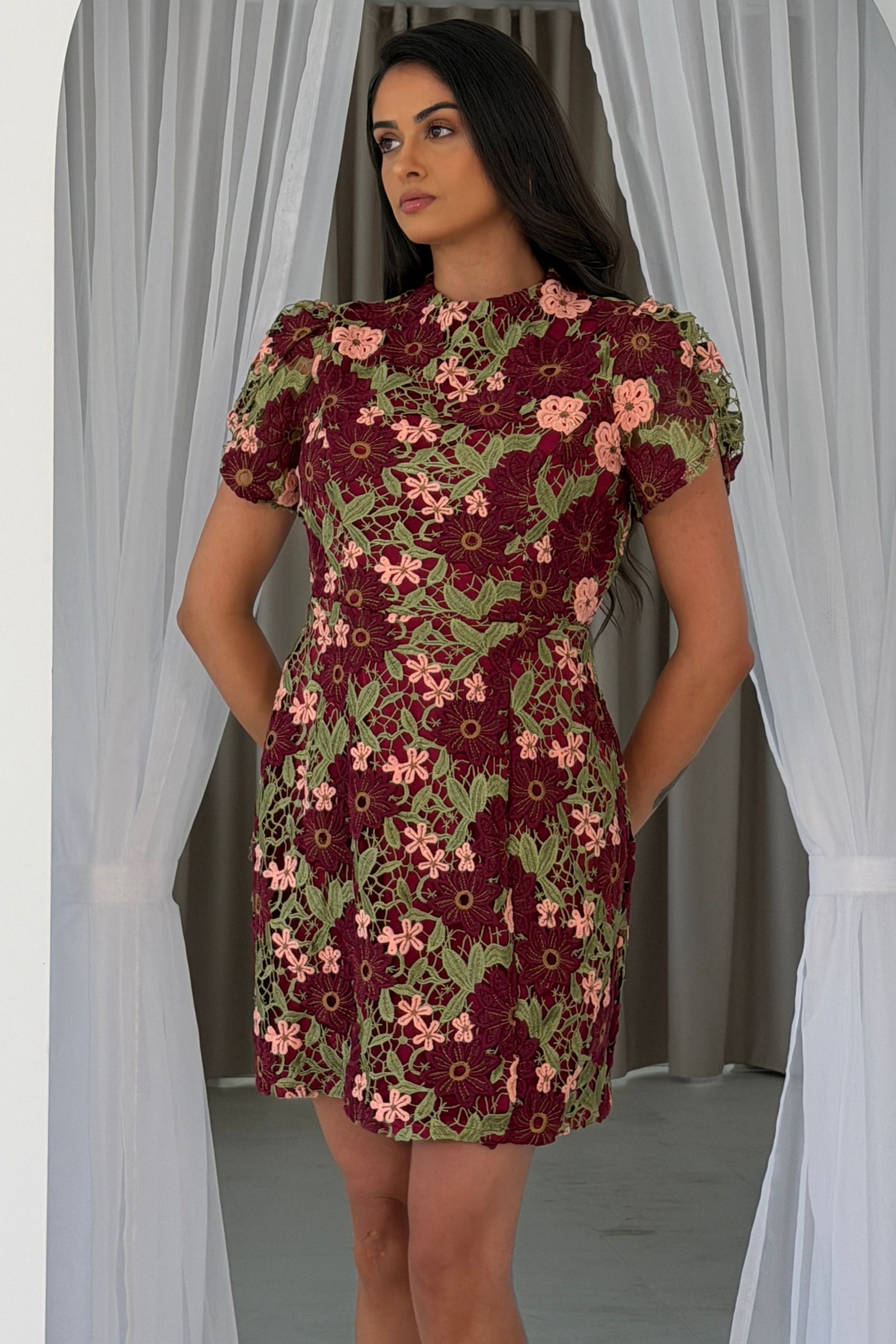 Ami Corded Lace Tulip Sleeve Mini Dress Burgundy