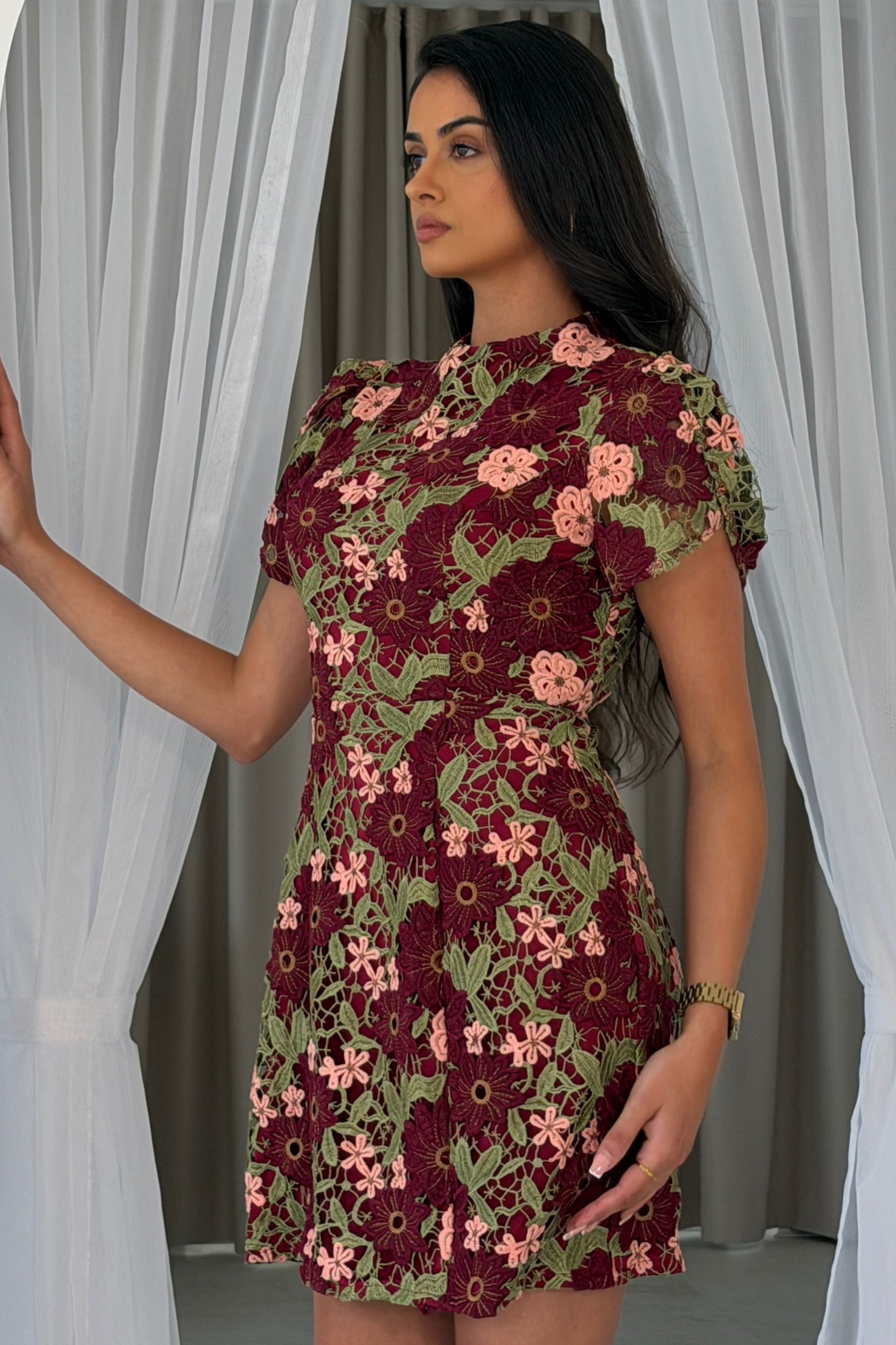 Ami Corded Lace Tulip Sleeve Mini Dress Burgundy