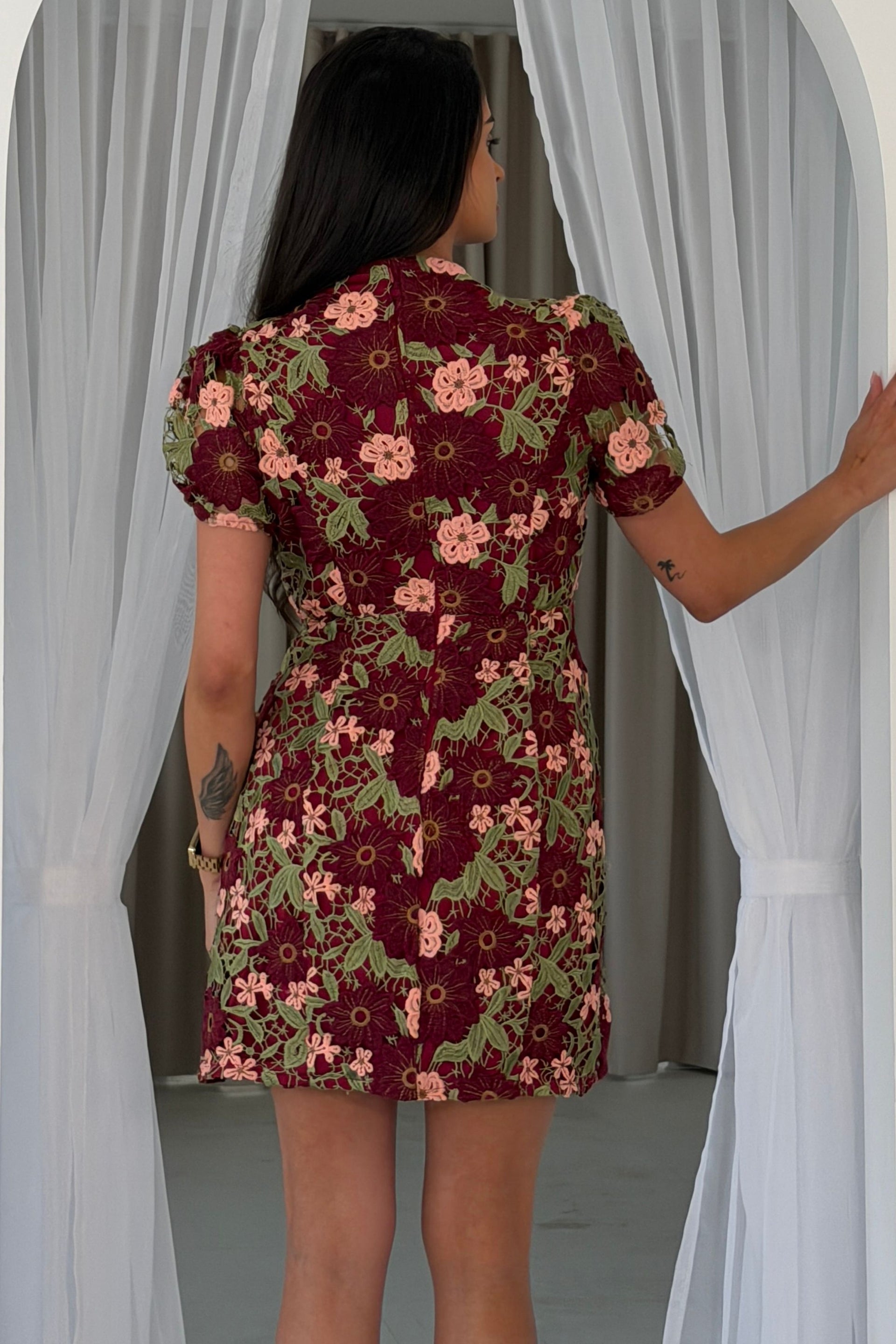 Ami Corded Lace Tulip Sleeve Mini Dress Burgundy