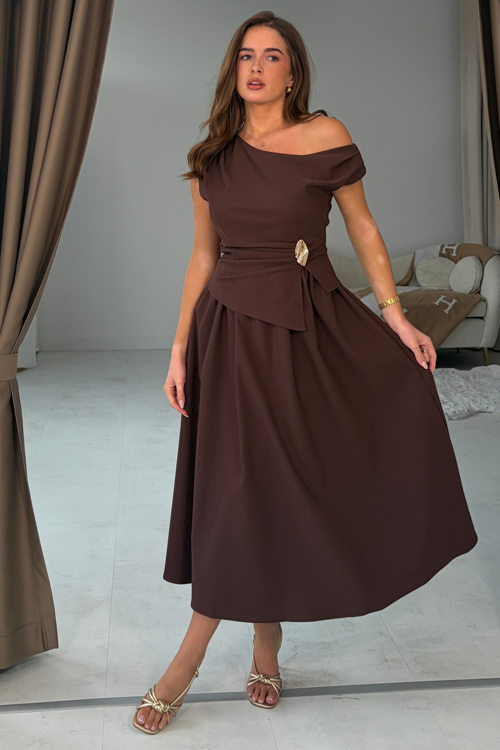 Simran Asymmetric Gold Buckle Midi Dress Brown