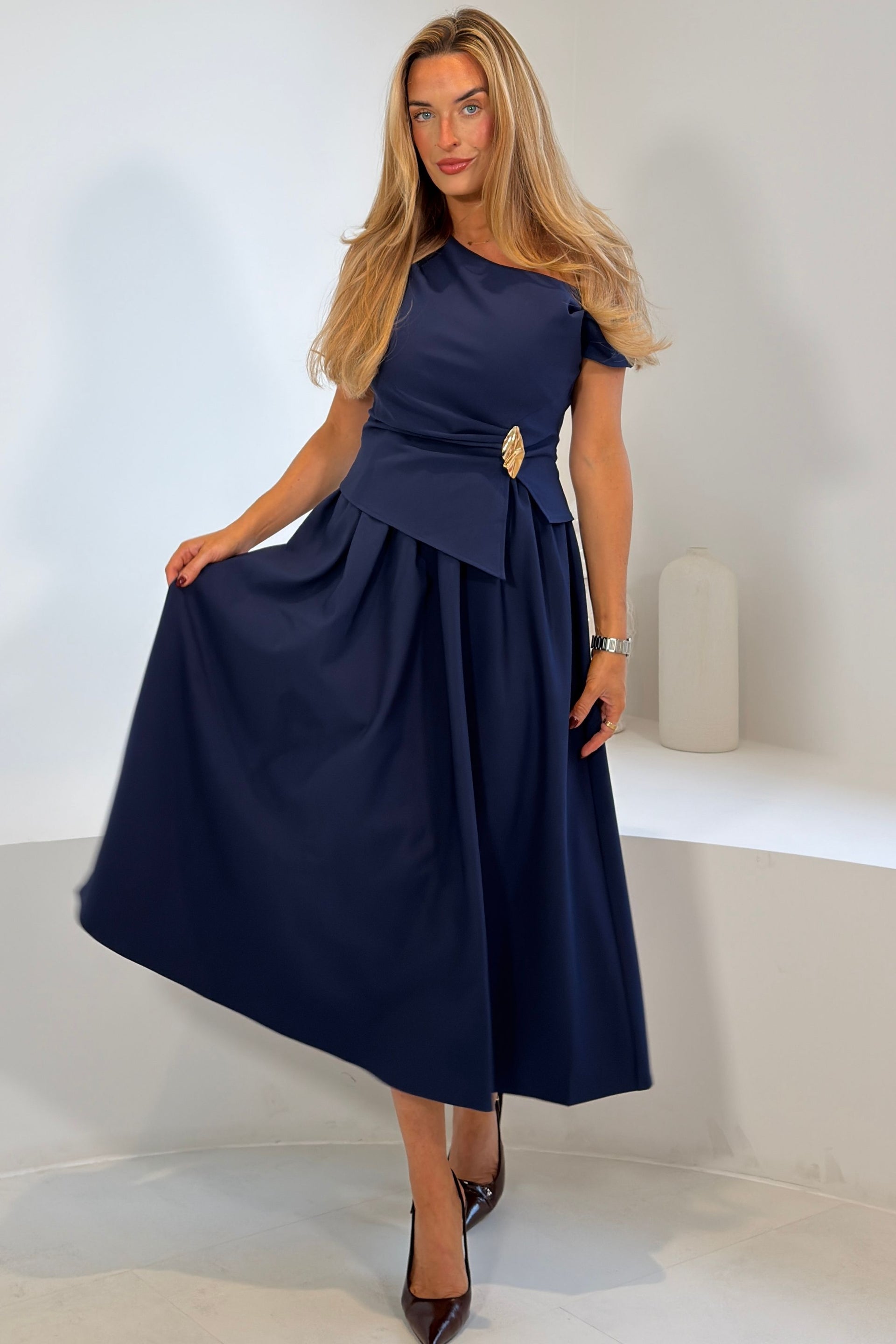 Simran Asymmetric Gold Buckle Midi Dress Navy