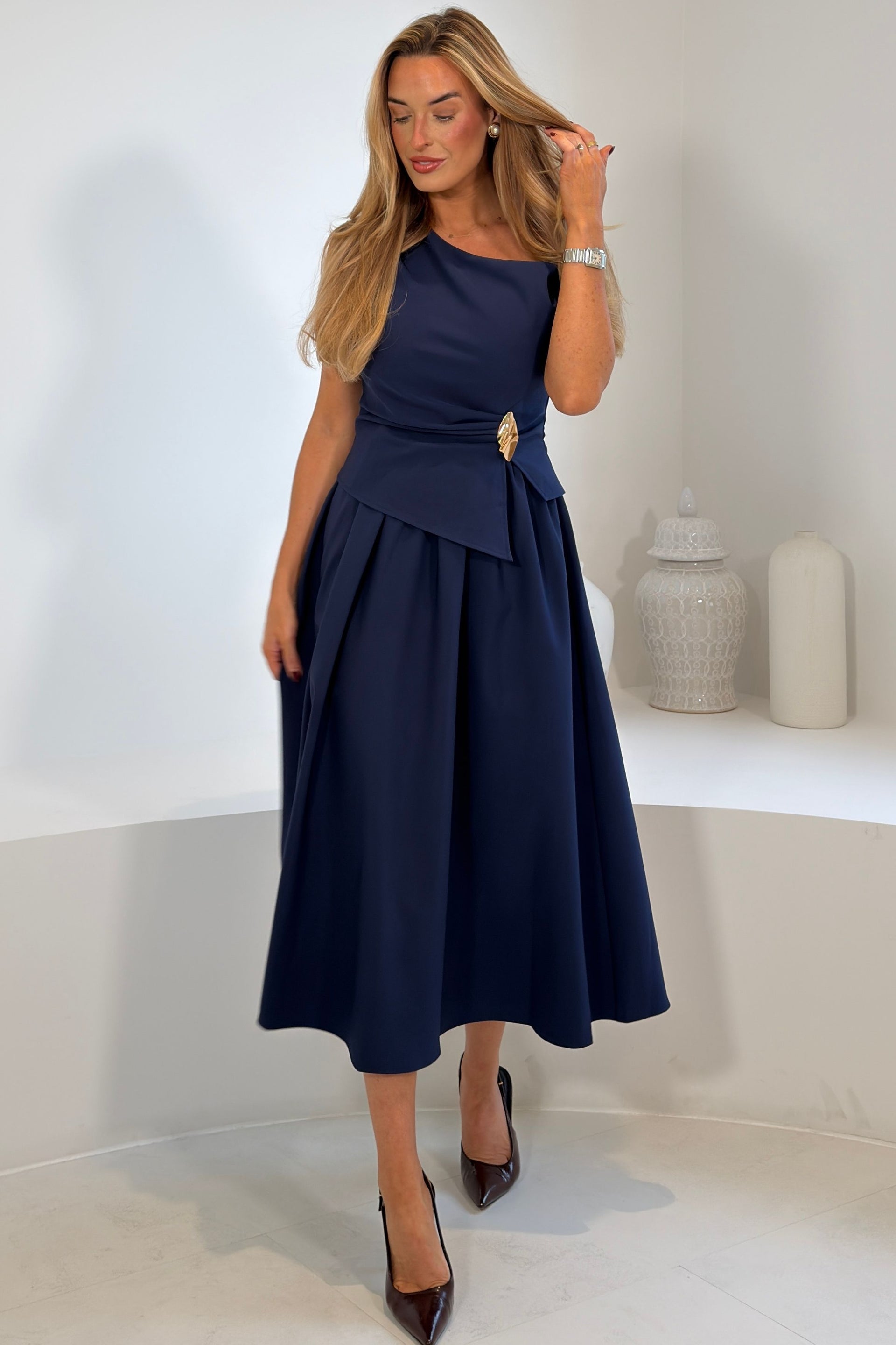 Simran Asymmetric Gold Buckle Midi Dress Navy