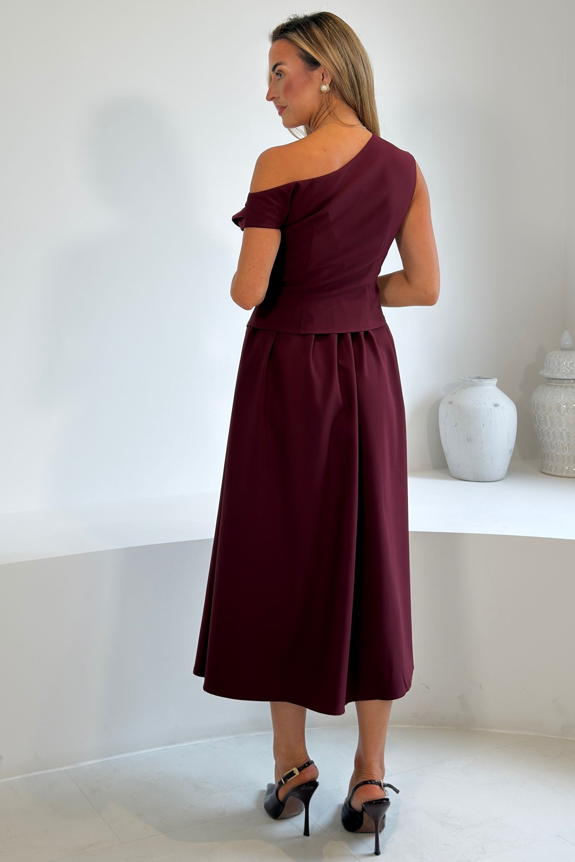 Simran Asymmetric Gold Buckle Midi Dress Wine